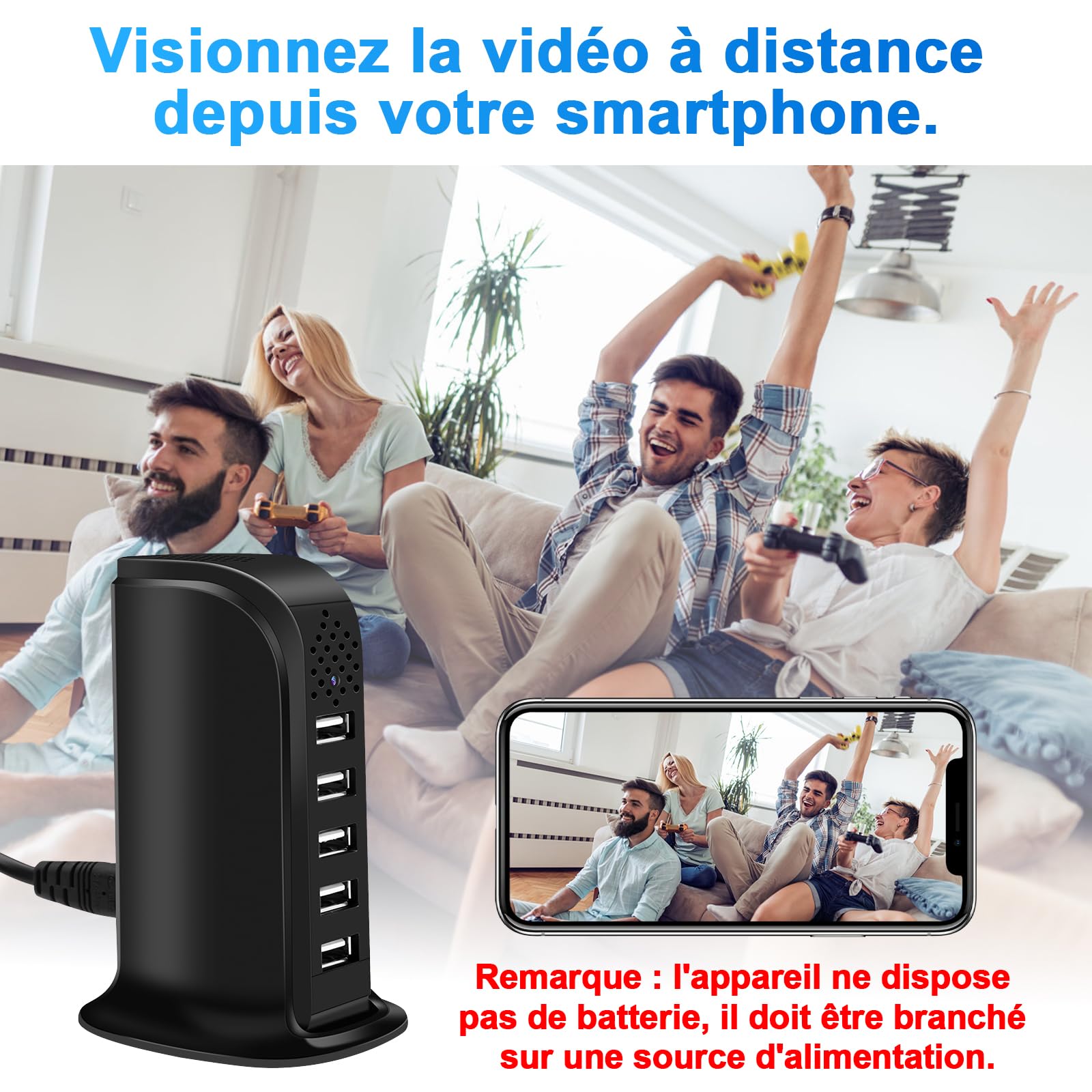 Caméra Espion WiFi 2.4 & 5G, Chargeur USB à 5 Ports avec Mini Caméra Espion Cachée, HD 1080P Micro Camera Cachée WiFi Supportant la Détection de Mouvement et l'enregistrement en Boucle