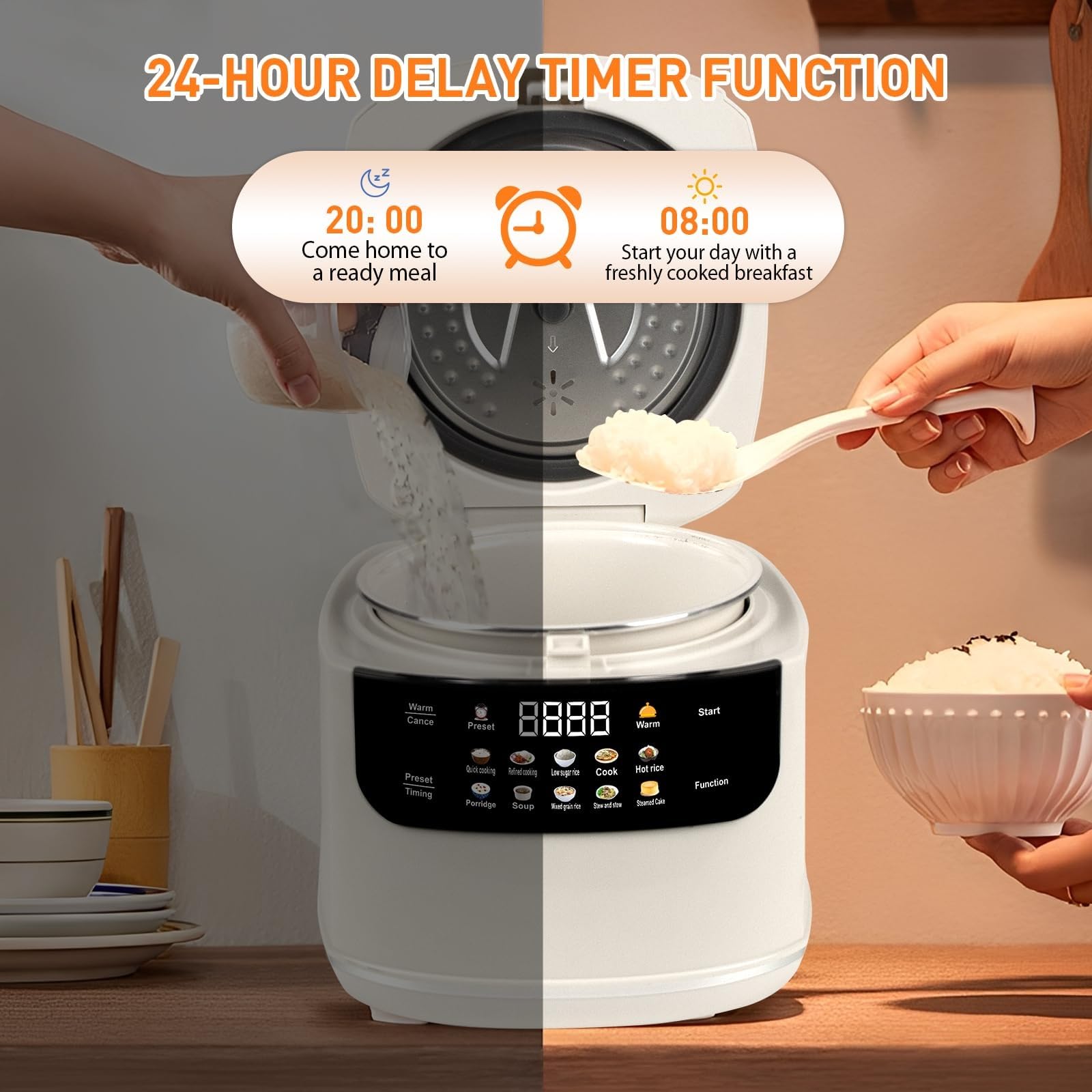 Olla arrocera 10 en 1 con control inteligente bajo en carbohidratos, 2L con vaporizador, temporizador de retardo de 24 horas, función de mantener caliente de 8 horas para arroz blanco/integral, gachas