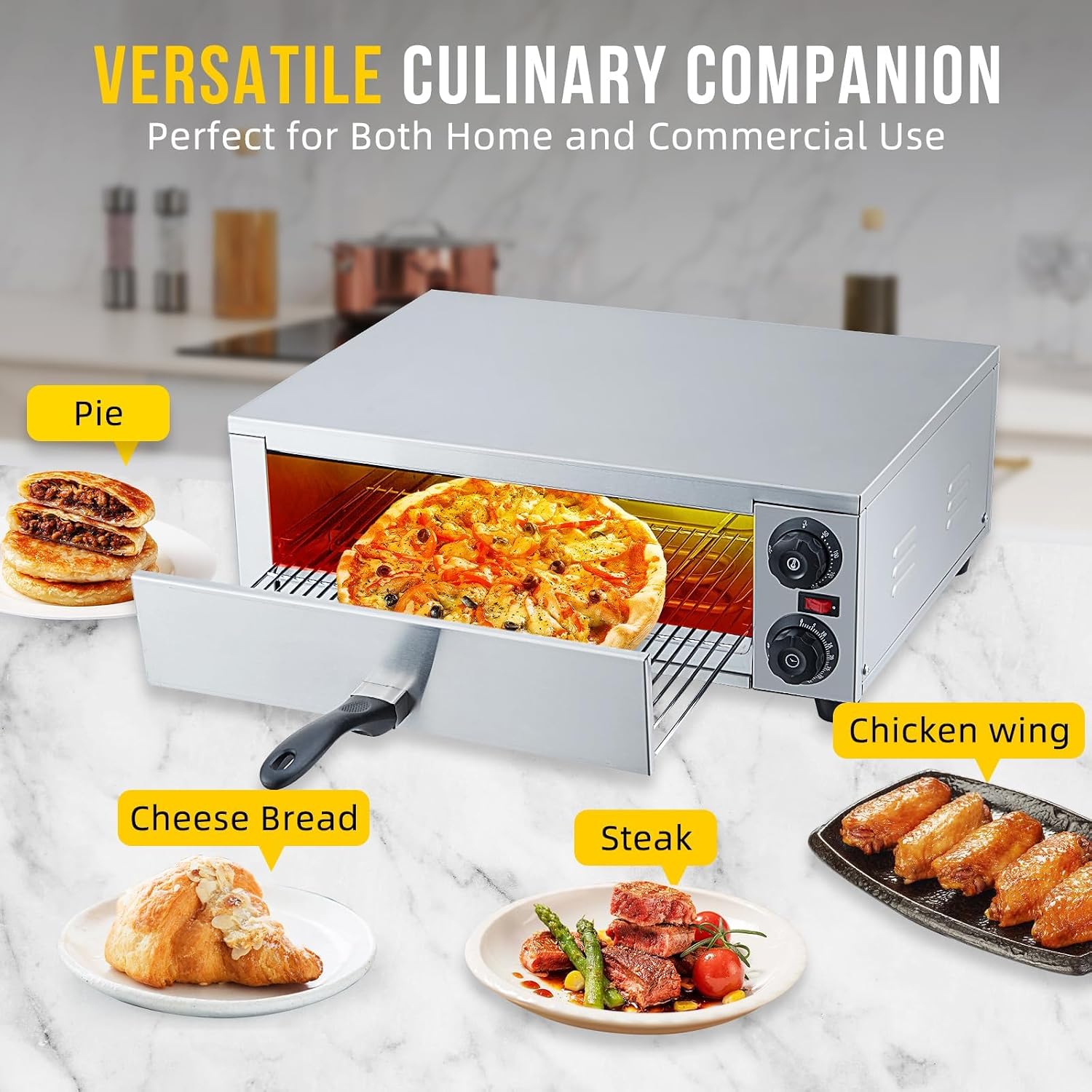 16 Inch Indoor Electric Pizza Oven, 1300W Commercial Countertop Pizza Maker, Stainless Steel Pizza Baker with Grilling Rack & Removable Crumb Tray for Home Kitchen and Restaurant