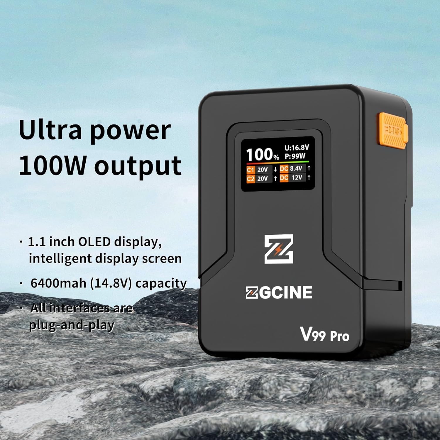 ZGCINE ZG-V99 Pro V-Mount Battery,100W Output Power with 1.5h Fast Charging,with USB-C,D-Tap,DC Ports,OLED Screen,Widely Compatible for Cameras,Smartphones,Computers,Video Light