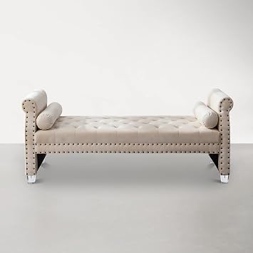 LMZ CH Furniture 71" Tufted Velvet Rolled Arm Upholstered Bench with Toss Pillows Entryway Ottoman for Foot of Bed, Window, Entryway, Soft Fabric Bolstered Cozy Bedroom Decor Beige
