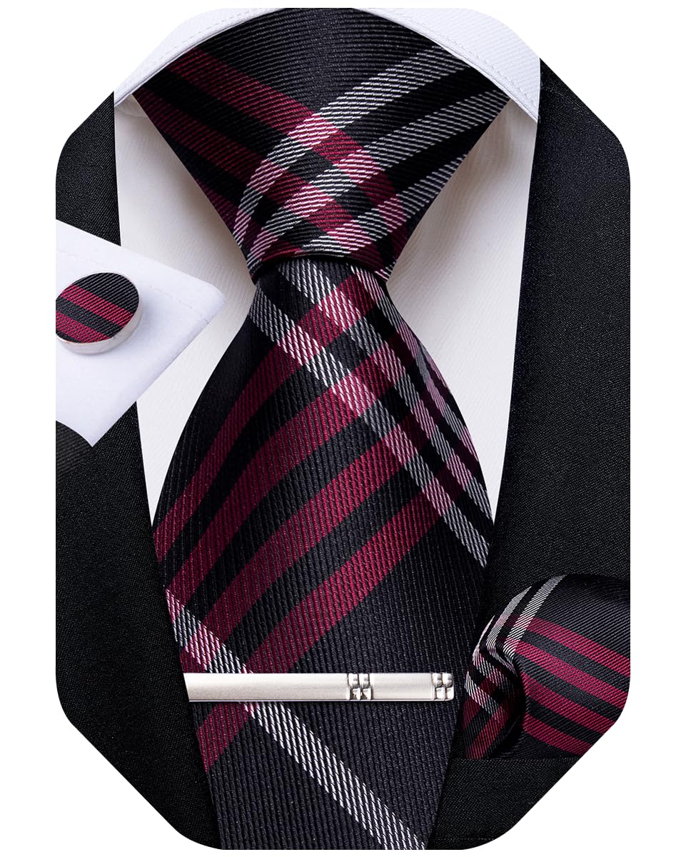 DiBanGu Plaid Ties for Men Silk Checkered Necktie and Pocket Square Cufflinks Tie Clip Set with Gift Box for Wedding Business