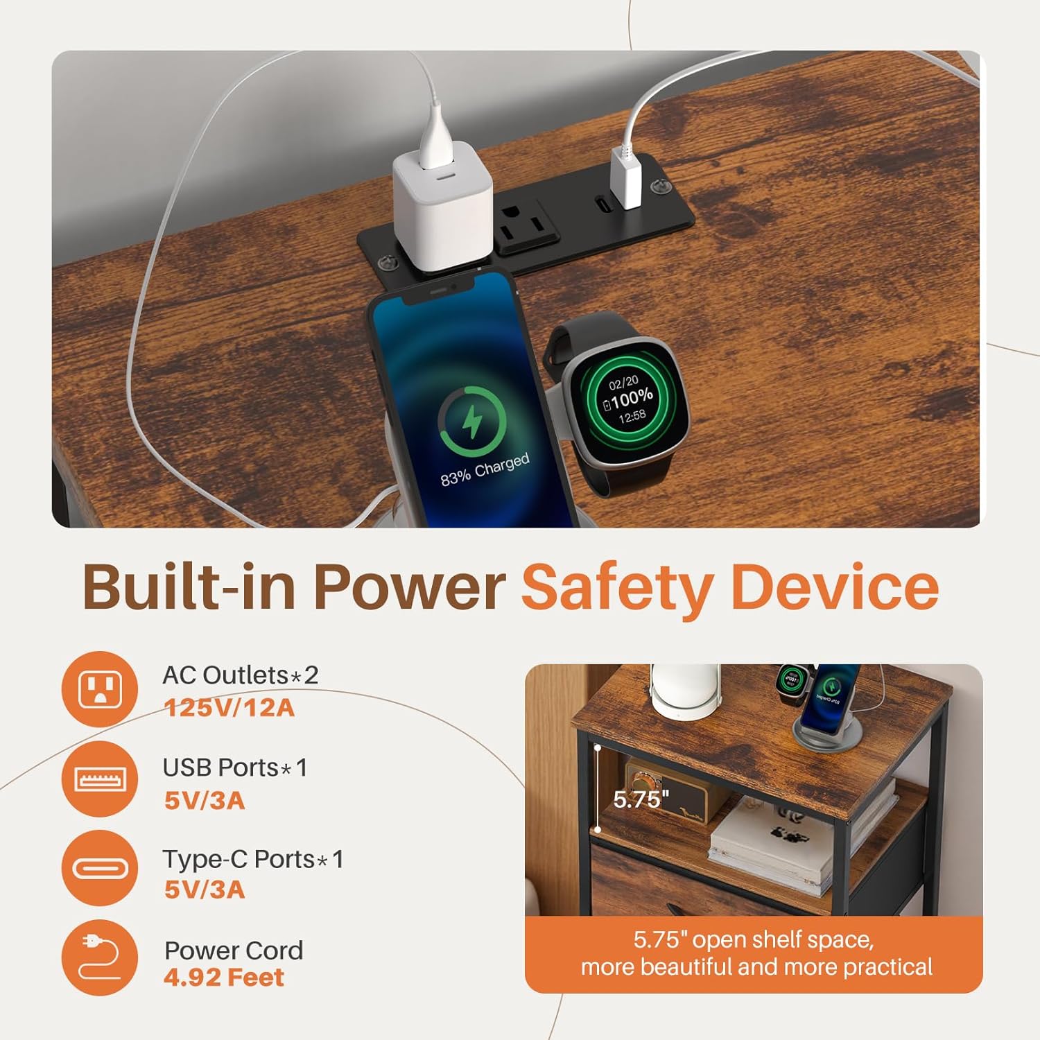 DUMOS Nightstand with Charging Station, Bedside End Table with 5 Fabric Drawers & USB/Type-C Ports and Outlets, Night Stand for Bedroom Furniture, Adjustable Feet and Variable Light Strip, Rust