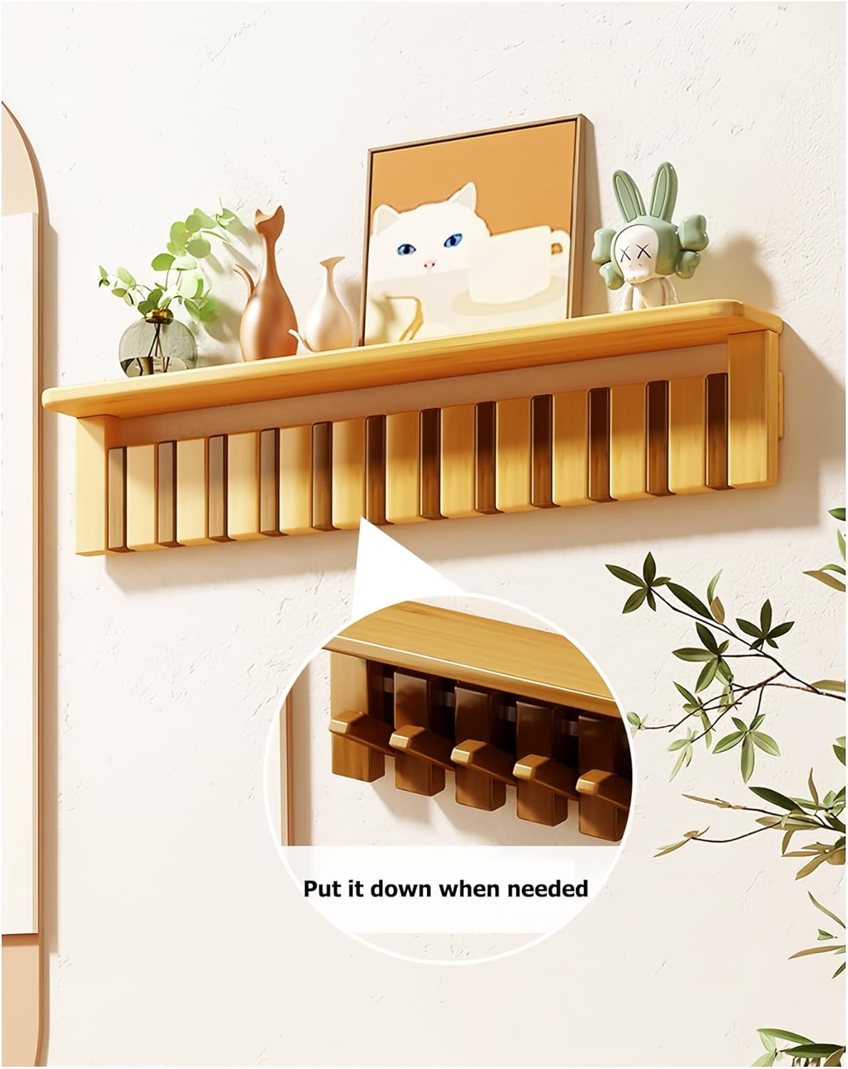 Wall Mounted Coat RackHooks Piano Key Hangers Natural Solid Wood Hanger Non-Woven Fabric Clothes Hangers for Closet, Kitchen, Bedroom, Bathroom, Entryway (Tray-Walnut, 12 Hooks)