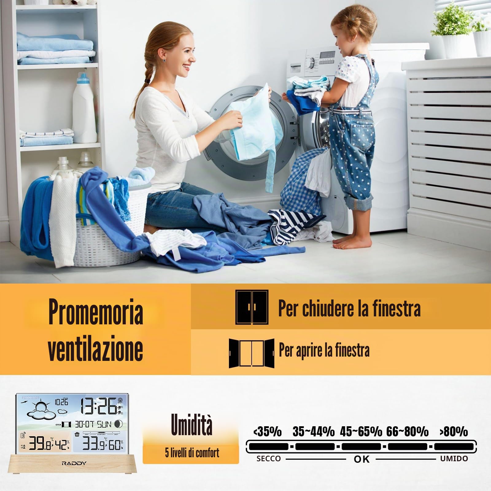 Raddy DT6, stazione meteo per interni ed esterni, orologio radio DCF, display digitale a colori, termometro igrometro, previsioni meteo e barometro
