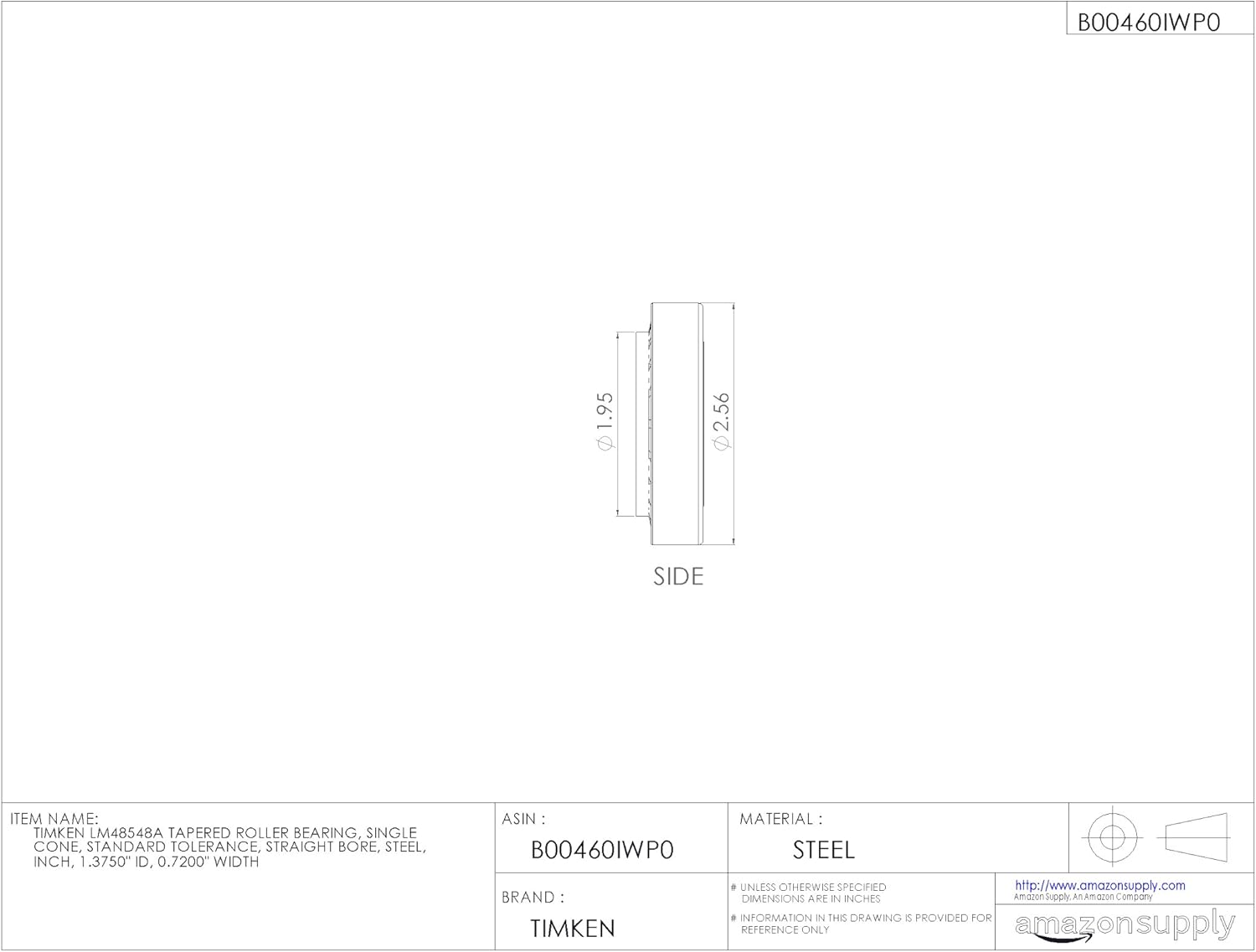 Timken LM48548A Tapered Roller Bearing, Single Cone, Standard Tolerance, Straight Bore, Steel, Inch, 1.3750" ID, 0.7200" Width