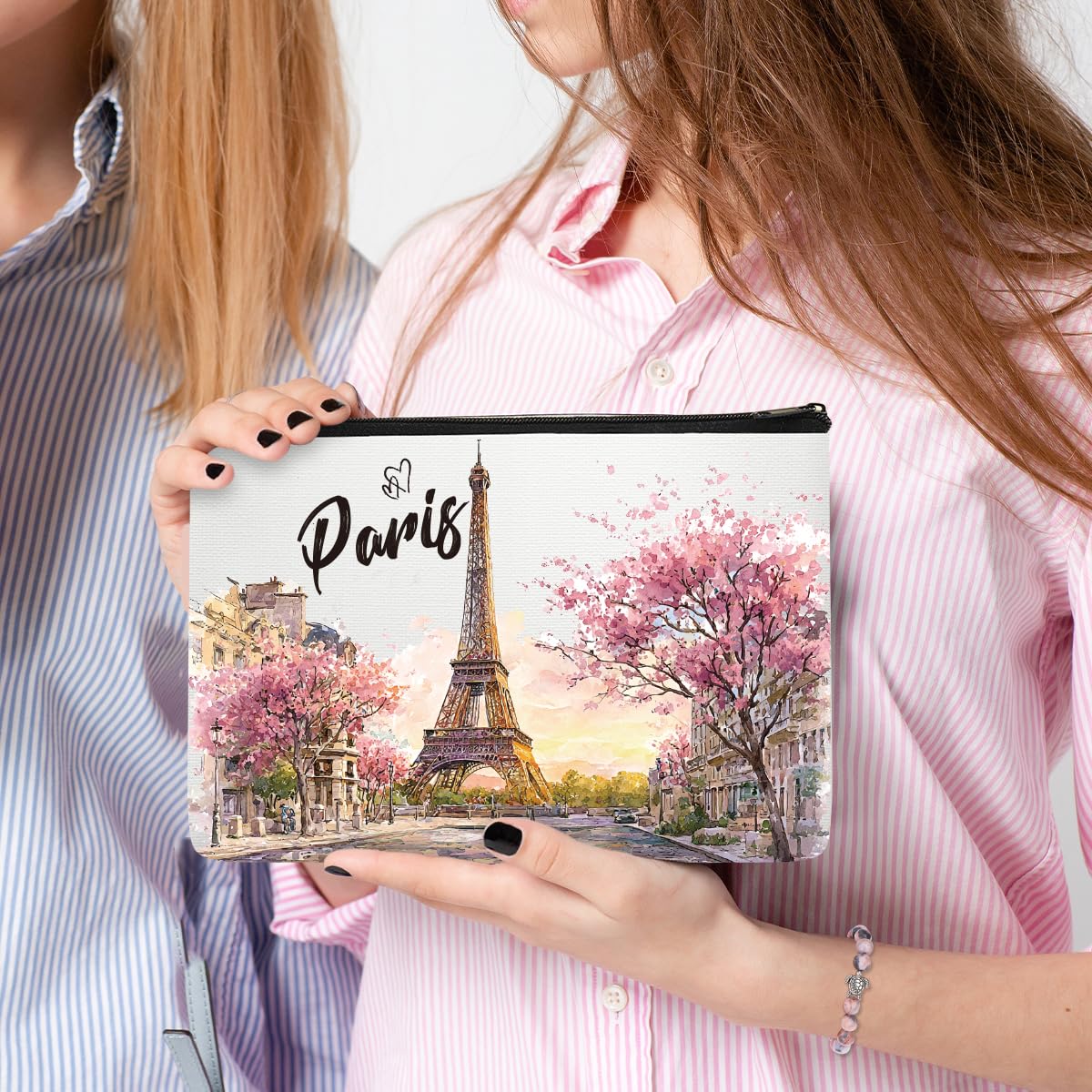 Paris Makeup Bag Gifts for Women, Paris Souvenirs from France, Traval Themed Gifts Set Cosmetic Bag with Bracelet and Keychain, Travel Organizer Toiletry Pouch for Mom Wife Sister Friends