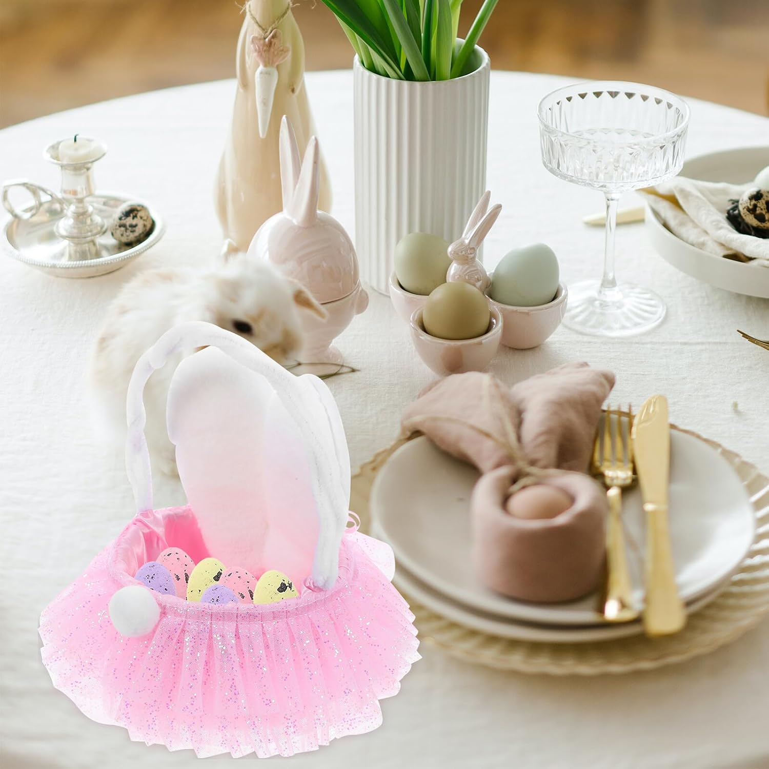 Bunny Ear Easter Flower Basket with Handles Woven Handheld Storage Basket for Indoor Outdoor Easter Treats and Candy for Flower and Home Organization image 4