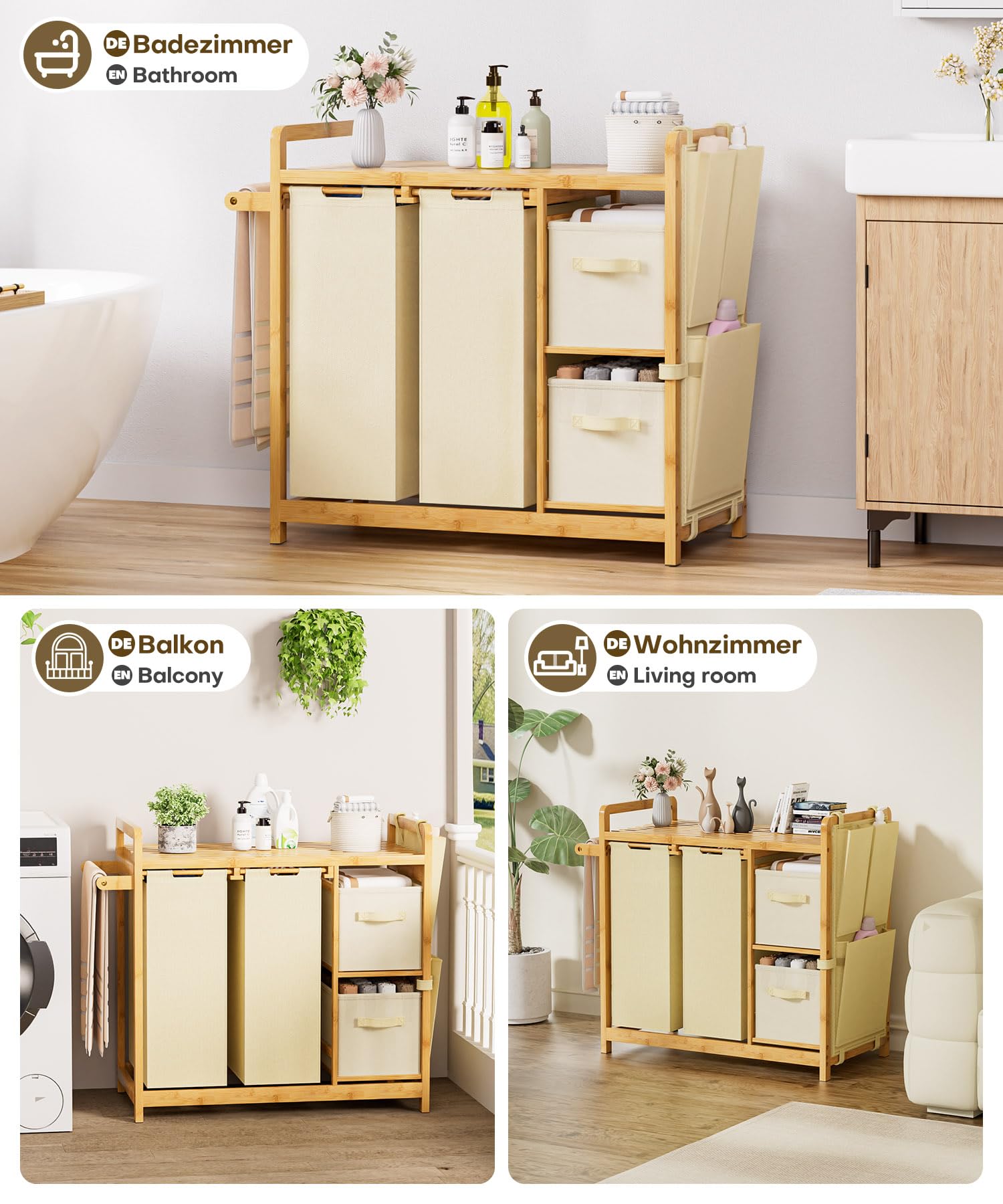 Yorbay Cesto para la colada con 3 compartimentos, bambú, 140 L, con estante, toallero y bolsillos laterales pequeños, clasificador de ropa para baño, dormitorio y lavandería, 87 x 41 x 77 cm, beige