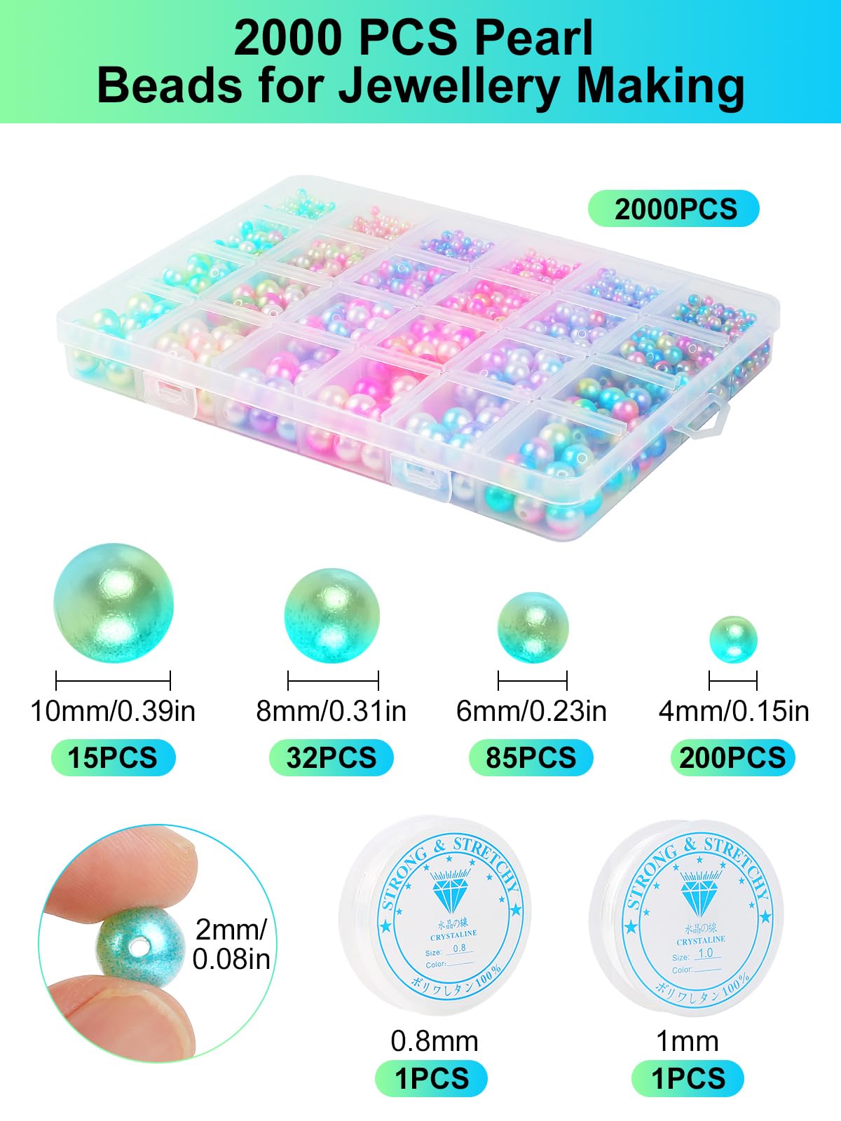 CoKeeSun 2000PCS Pearl Beads, 4/6/8/10mm, Coloured Pearl Beads with Holes, Round for Jewellery Making Bracelet Making - Image 2