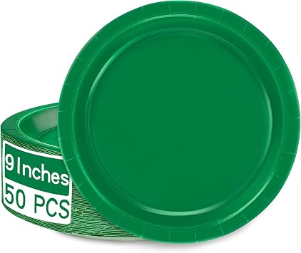 50 Pack Green Paper Plates 9 Inches Disposable Dark Green Party Plates Set