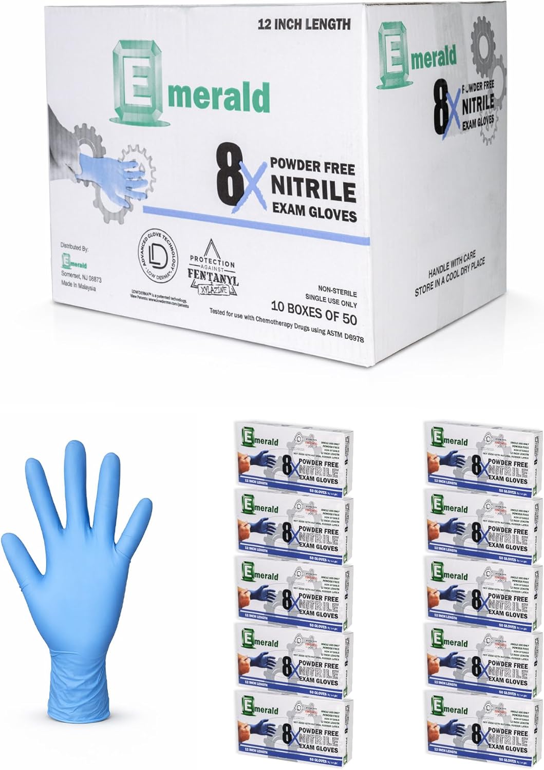 Emerald Case of 500 – 8X Black Nitrile Powder-Free Exam Gloves, 8 Mil, 12-Inch Length, Textured, Disposable, Latex-Free