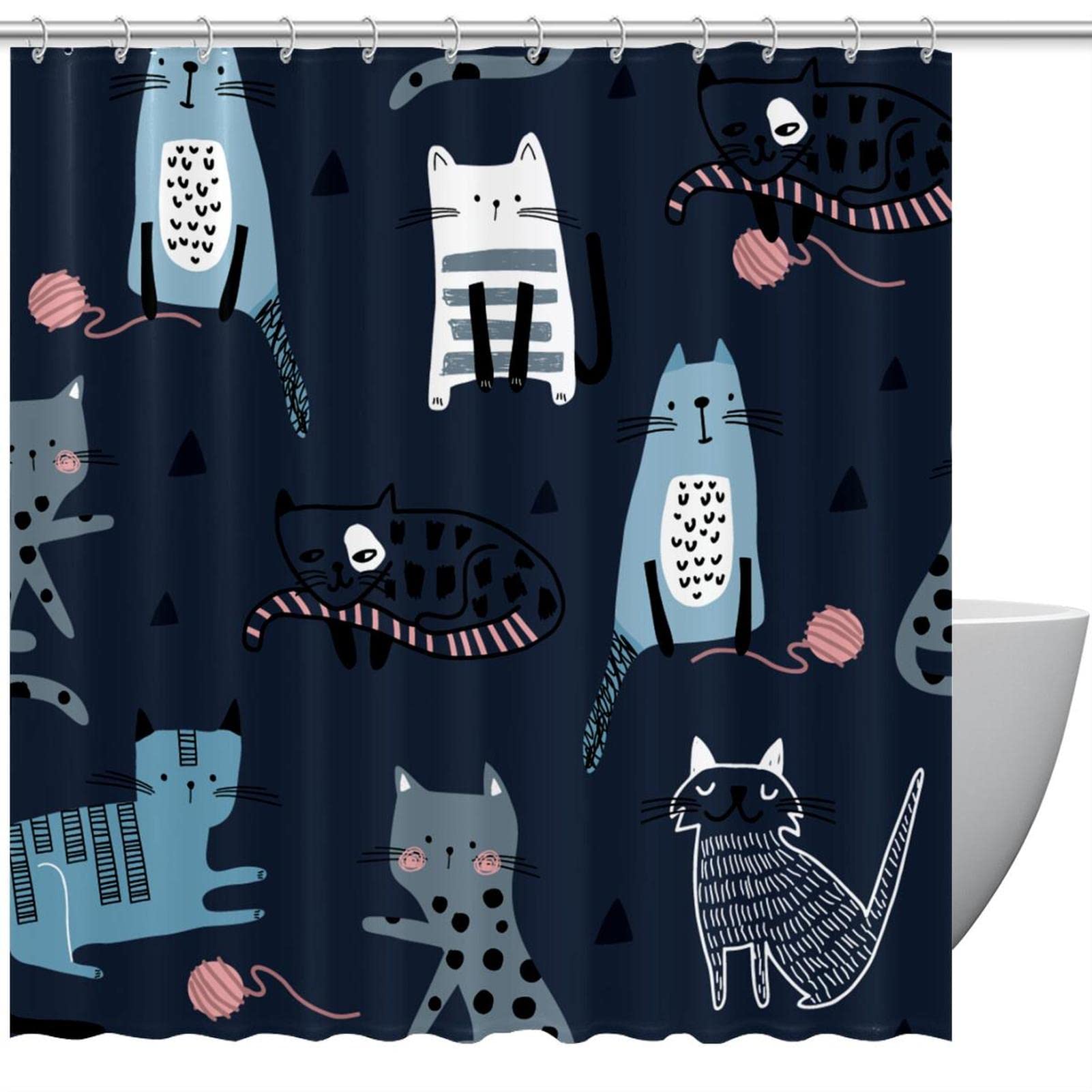Tenda da doccia a forma di gatto, colorata e floreale con gatti