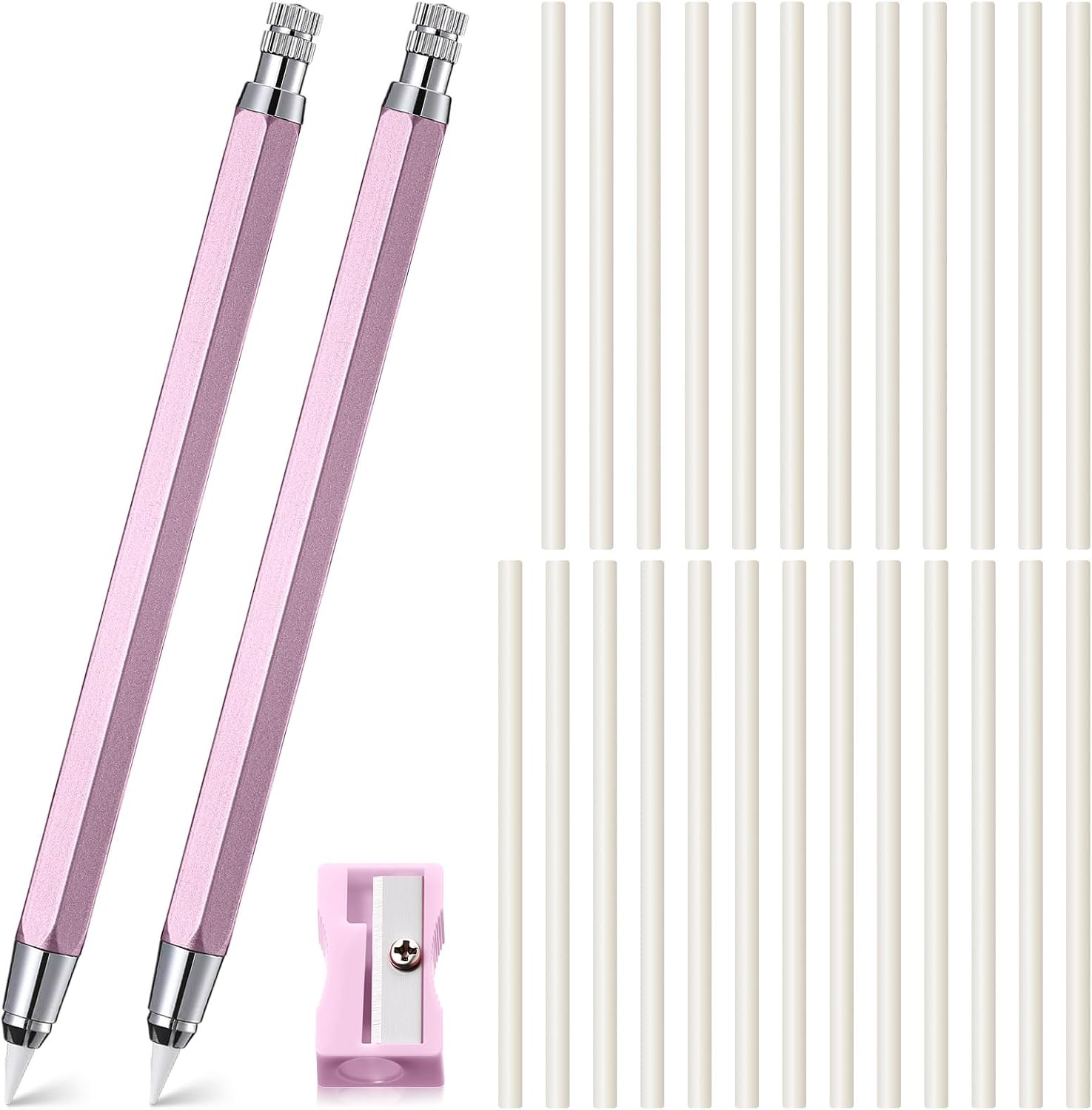 Motiskyy 28 Pcs Chalk Pencil Refillable Cartridge Set, Sewing Tailors Chalk and White Refill Tailors Pencil Heat Erasable for Marking Fabric Quilting Embroidery DIY Crafts (Metal,Pink)