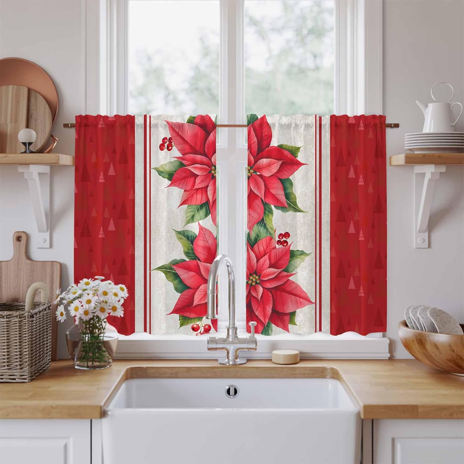 Red Poinsettia Christmas Kitchen Tier Curtains 45 Inch Long 2 Panel Set,Rod Pocket Short Window Treatment,Xmas Botanical Floral Modern Art Curtains & Drapes for Bathroom Basement 27.5"W x 45"L