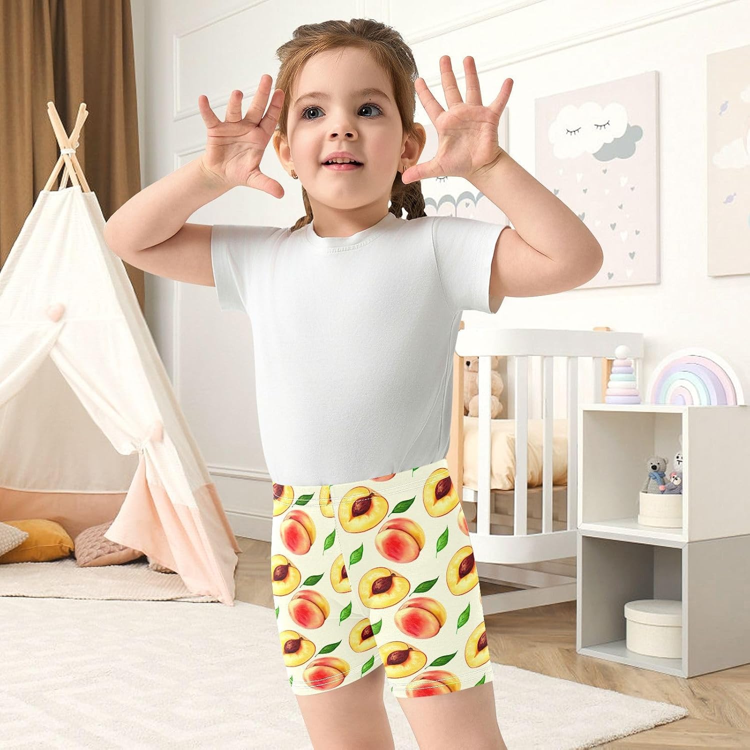 Peach Green Leaf Fruit Girls Bike Shorts Toddler Soft Cotton Active Biker Shorts