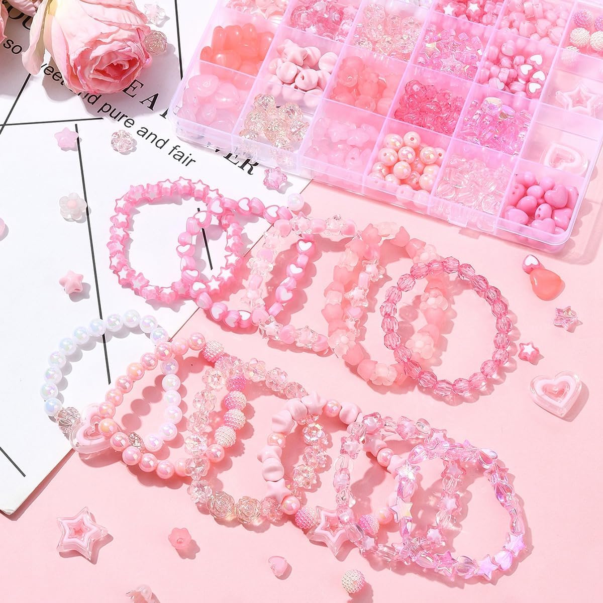 Pink Cute Acrylic Beads Bracelet Making Kit, 404Pcs Flower Heart Star Round Friendship Bracelet Beads for Jewelry Making Necklaces Earrings Keychains Birthday Gift
