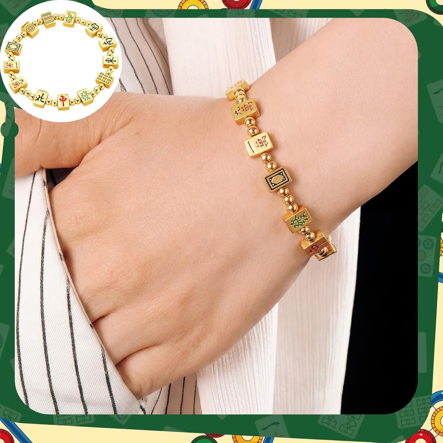 Kenning 10 Piece Gold Beaded Mahjong Bracelets Bulk Stretch Mahj Letter Charm Bracelet Set for Women Mahjong Lovers Mah Jong Game Night Party Favors Friendship Jewelry Gifts