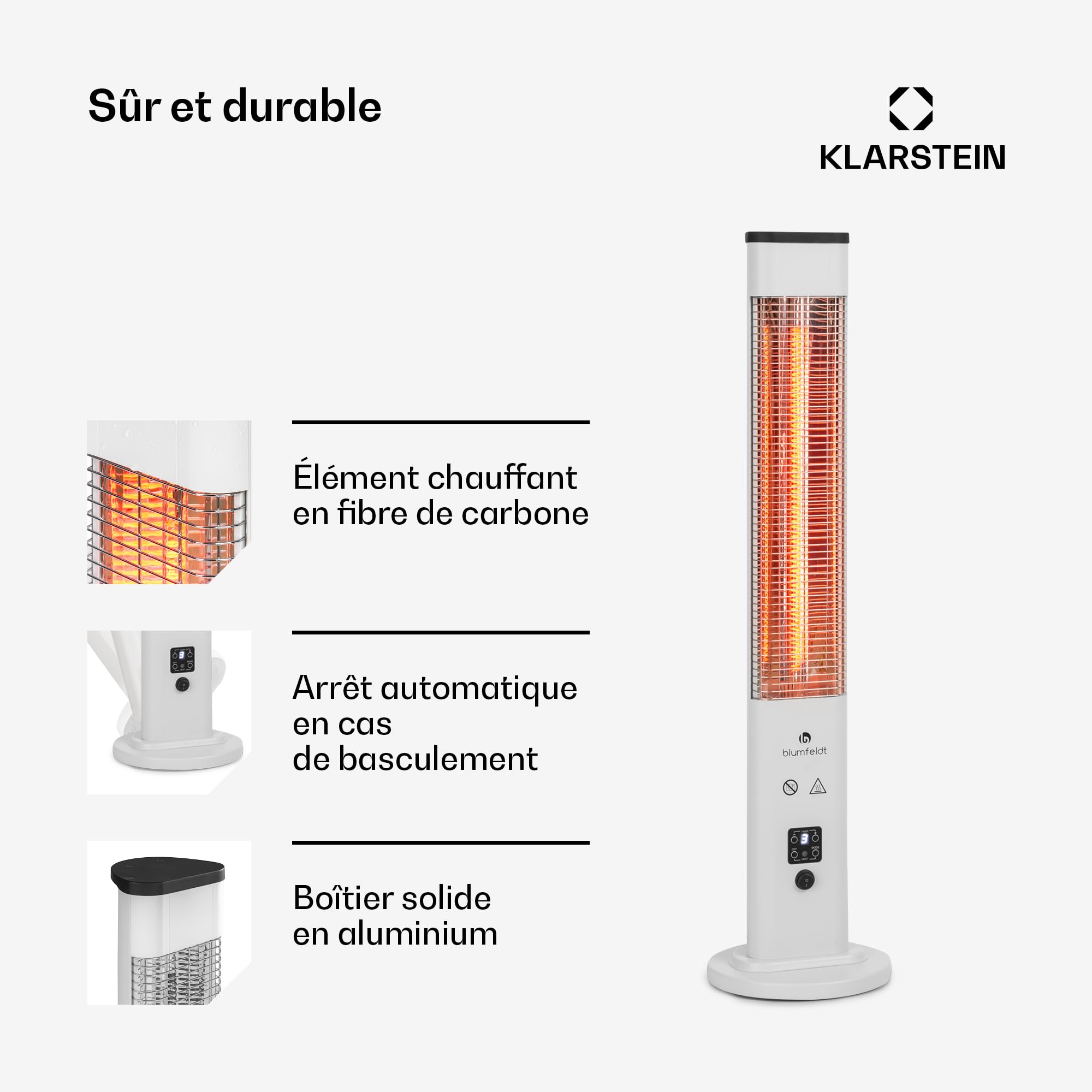 blumfeldt Heat Guru Plus - Radiateur infrarouge In & Out, chauffage d'appoint, 1200 W, minuterie 9 heures, élément chauffant en carbone, 3 niveaux, boîtier en alliage d'aluminium anodisé (Blanc)