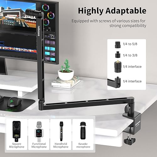 Miniatura 6 de Brazo de micrófono de perfil bajo, brazo de micrófono ajustable rubesee con abrazadera de montaje de escritorioadaptador de tornilloclip de