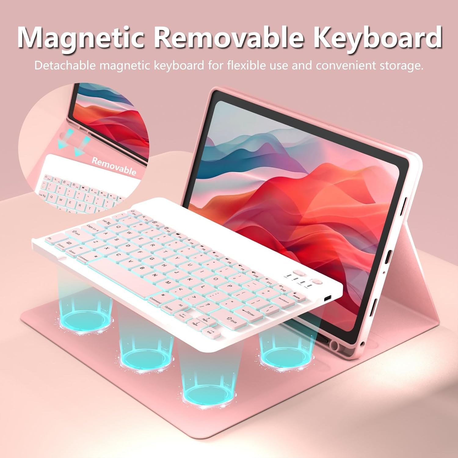 Keyboard Case for Samsung Galaxy Tab A8 10.5-inch 2022 (SM-X200, SM-X205)–Galaxy Tab A8 Case with 7-Color Backlit,Detachable Wireless Bluetooth Keyboard Case Built-in Pencil Holder with Mouse.(Pink)