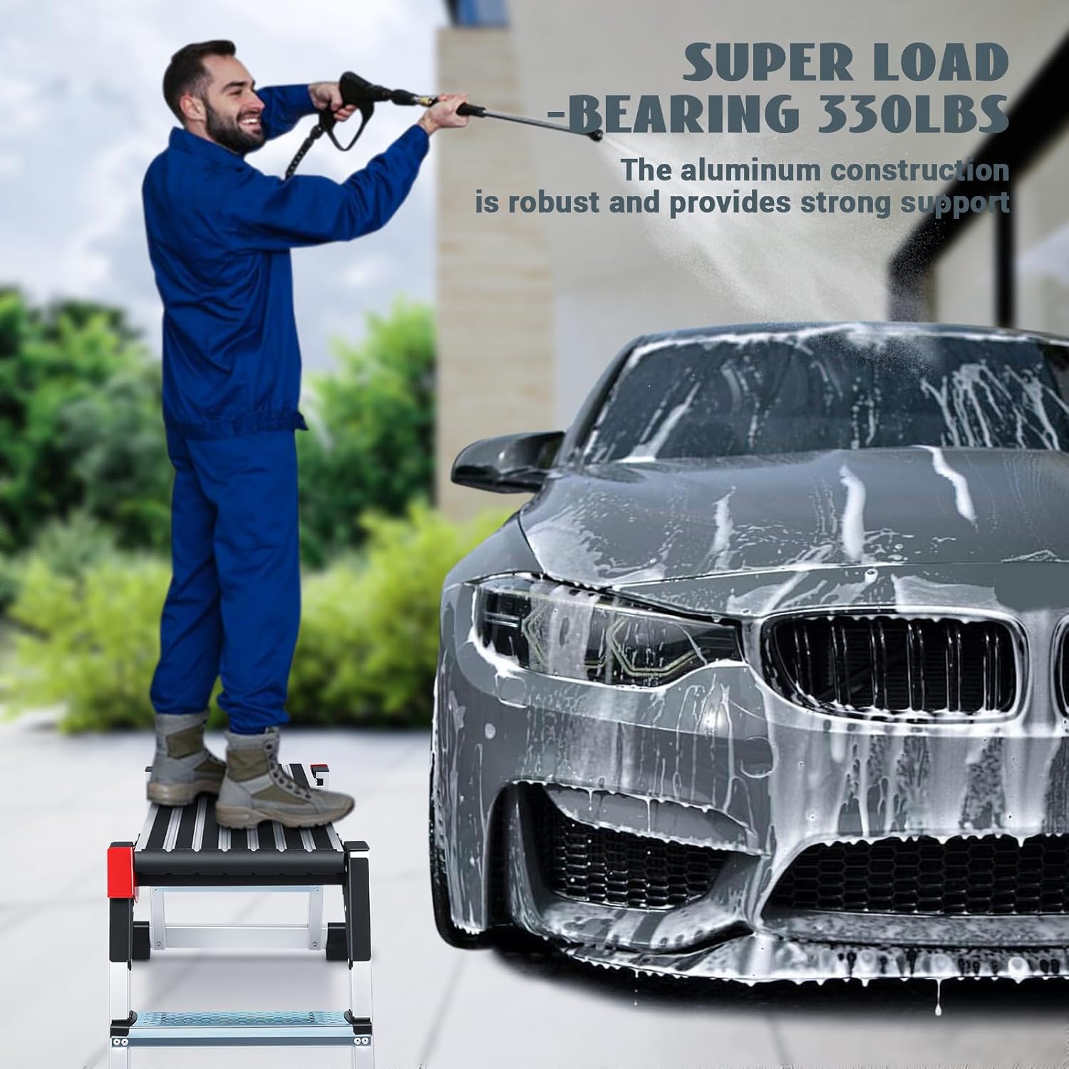 A person using the work platform to wash a vehicle, demonstrating its use for elevated tasks.