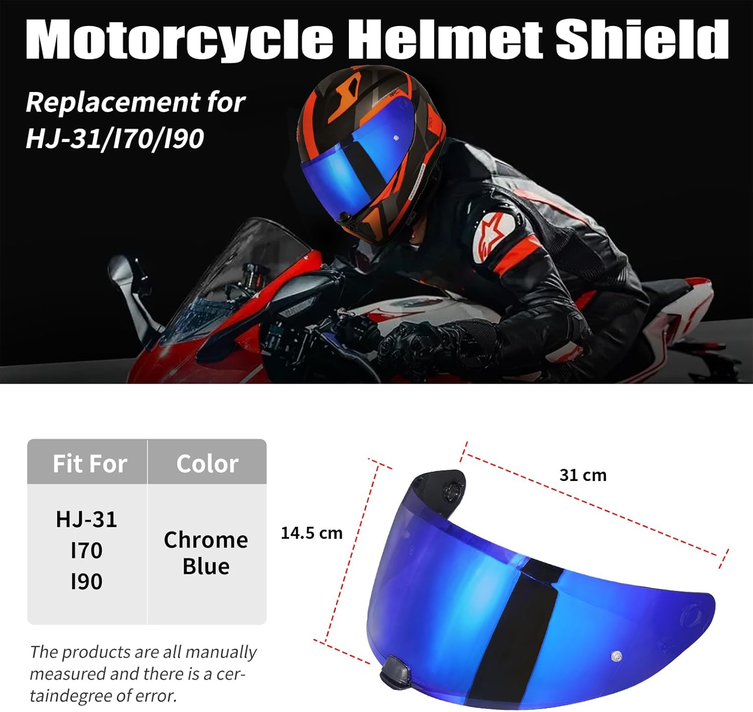 VCOROS I70 Helmet Visor Replacement Face Shield Accessories Compatible With HJ-31 i10 (Chrome Blue)