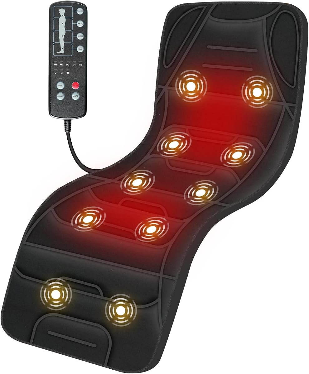 Full Body Massage Mat with Heat, 10-Motor Vibration Back Massager | 4 Massage Zones, 5 Modes, 3 Intensities, Back Heat, 30-Min Timer, Foldable Design for Bed, Sofa & Recliner, Vibration Only