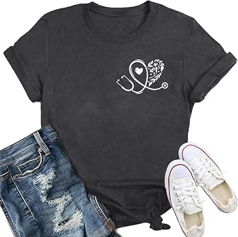 Nurse Shirts for Women Nurse Day T-Shirt Nursing Stethoscope Heart Tshirt Heartbeat Tee