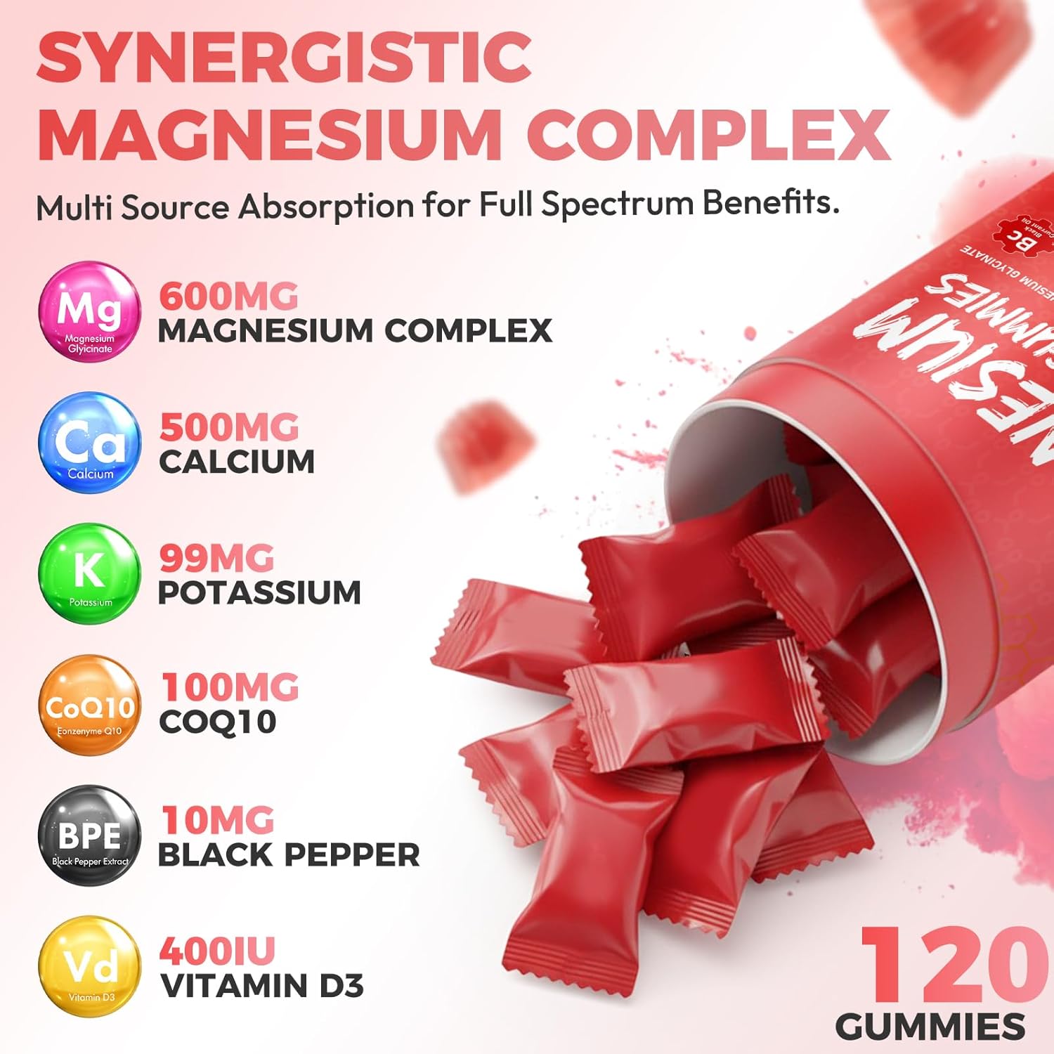Magnesium Glycinate Gummies 600mg, High Absorption Magnesium Glycinate Complex for Women & Men, Pure Magnesium Relax Gummies for Stress & Muscle – Vegan, Sugar Free & Non-GMO, Strawberry, 120 Count