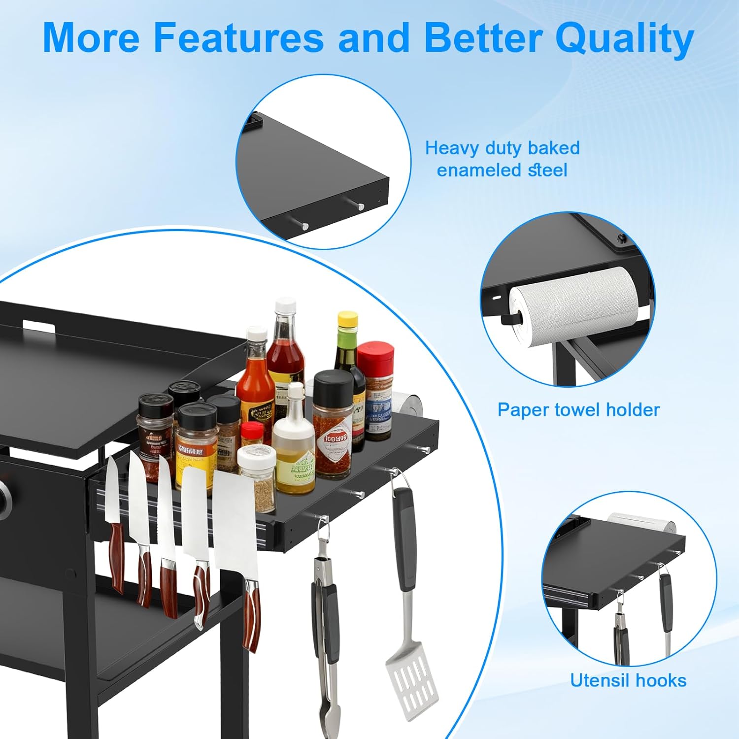 Foldable Griddle Side Shelf for Blackstone 36" Griddles, Large Griddle Side Table with Paper Towel Holder, 4 Utensil Hooks & Magnetic Tool Holder for Blackstone 36 Inch Griddle Accessories