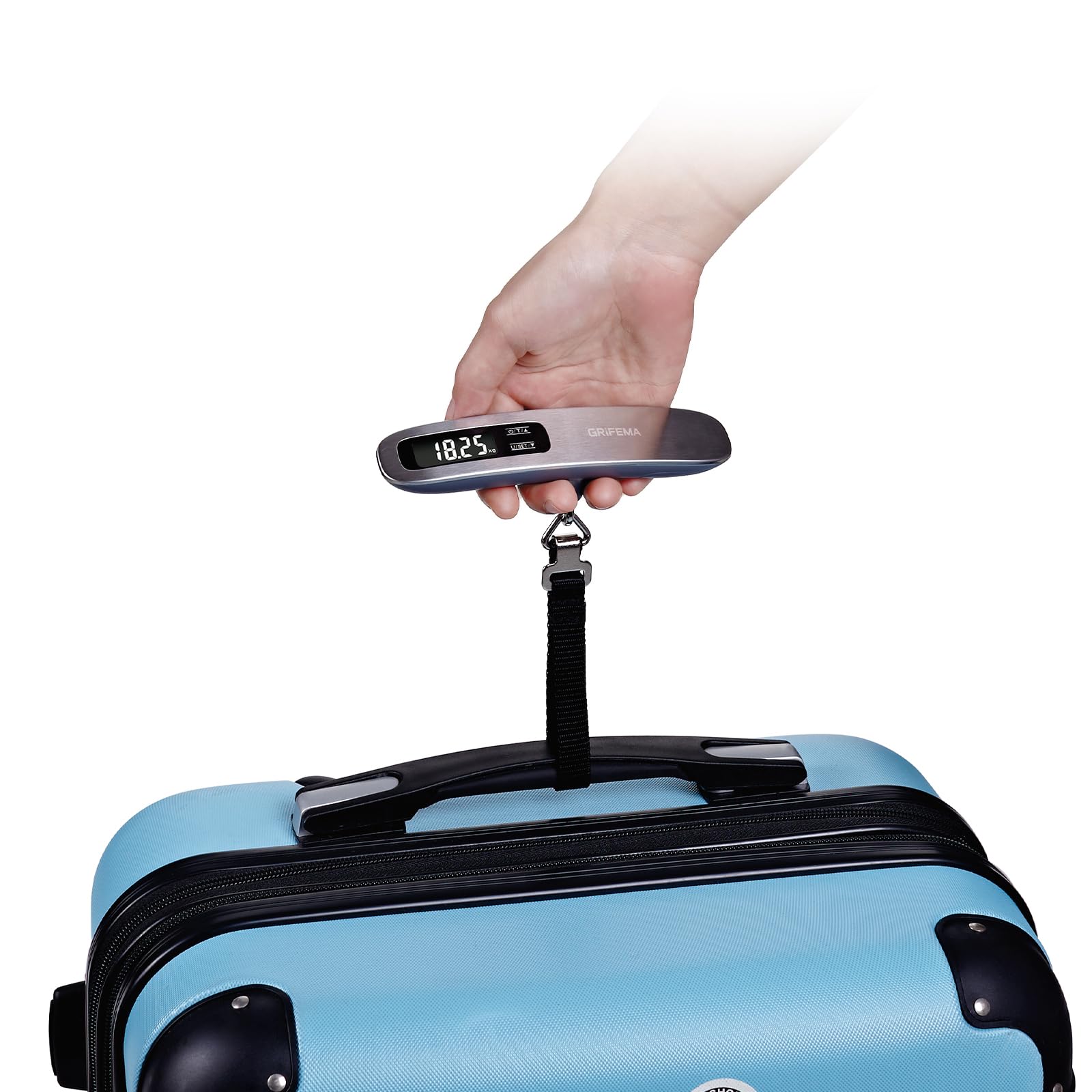 GRIFEMA GA2006 Cyfrowa waga bagażowa, 50 kg, dokładność 50 g, wyświetlacz LCD z podświetleniem, funkcja tarowania, kompaktowa i przenośna konstrukcja, do podróży i wysyłki