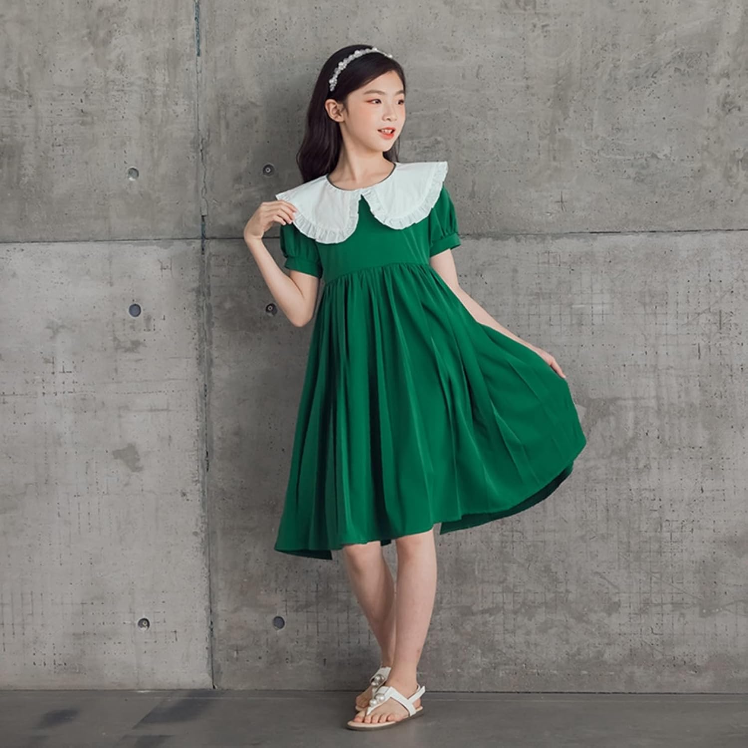 [Aardman] キッズドレス ワンピース 女の子 半袖 ガールズ 可愛い 柔らかい 春夏服 おしゃれ 緑 スカート 親子 韓国風