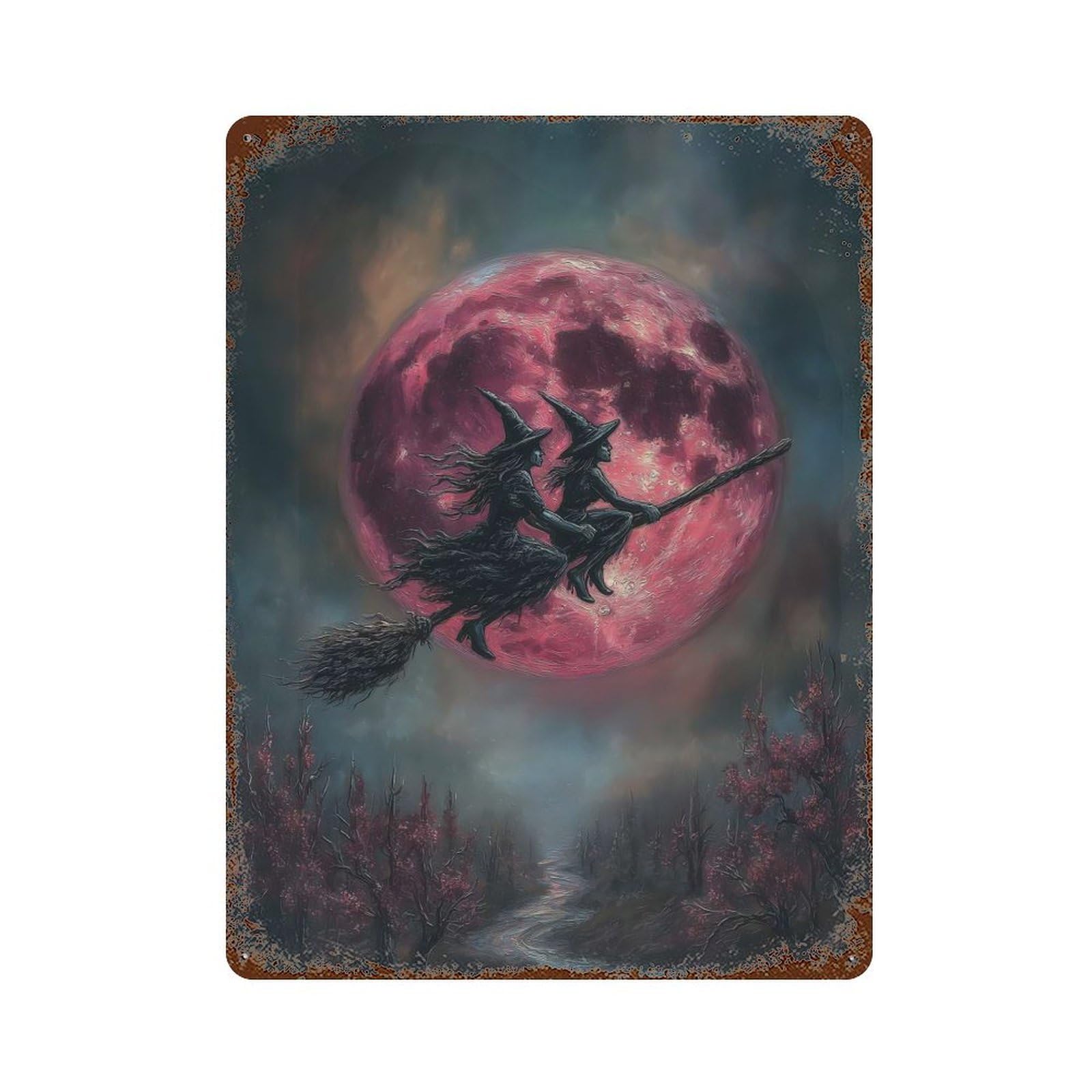 Witches Flying on Broomstick with Red Moon Rusty Metal Tin Sign 15.7"x11.8", for Patio, Garden Room And Bar Decor, Old School Wall Decor