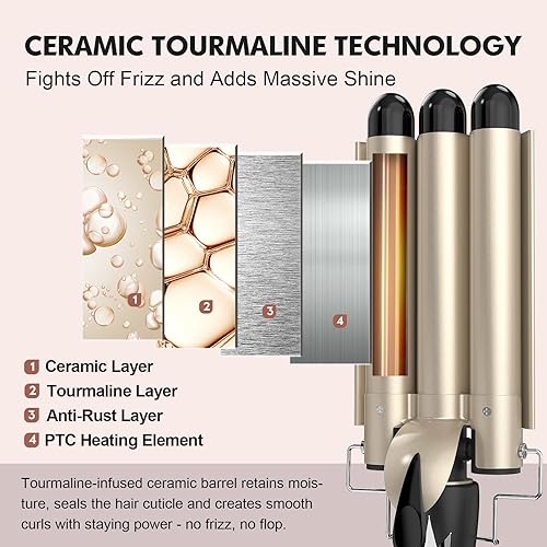 Miniatura 4 de Ondulador de pelo de 3 barriles de 1 pulgada para ondas clásicas de playa, herramienta de crimpado para mujeres, 15 ajustes de temperatura de 170 a