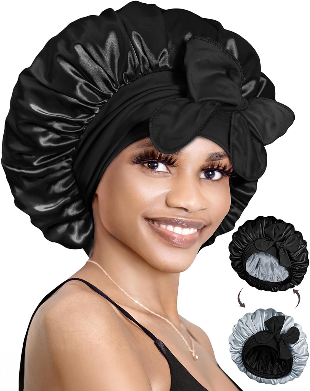 - Silk Bonnet for Sleeping Satin Bonnet with Tie Hair Wrap Double Layer Sleep Cap for Women Curly Hair, Black Silver