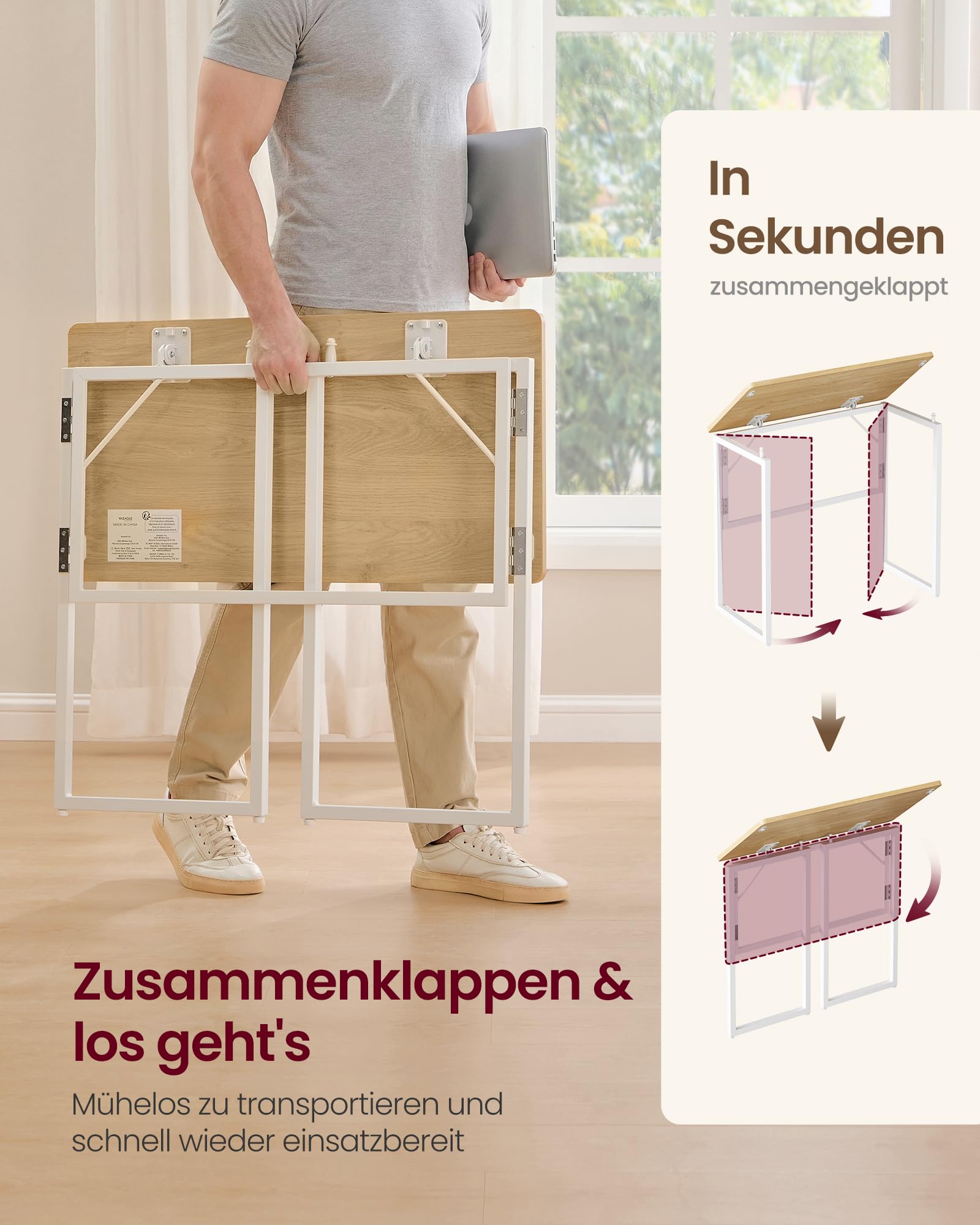 VASAGLE Klapptisch klappbarer Computertisch 80 x 40 cm natureichenfarben