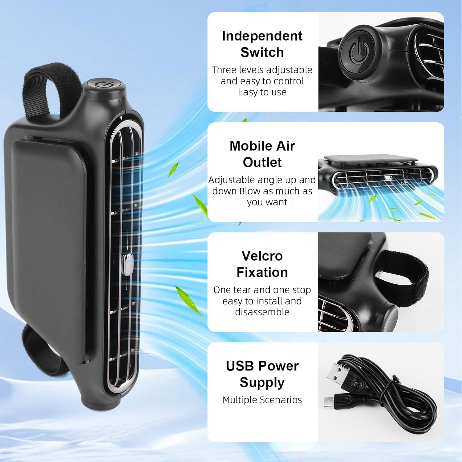 2-Pack Rechargeable Car Seat Fans, 3000mAh Clip-On 3-Speed Adjustable Angle Quiet Fans, Portable Air Circulator for Kids Pets Camping Travel