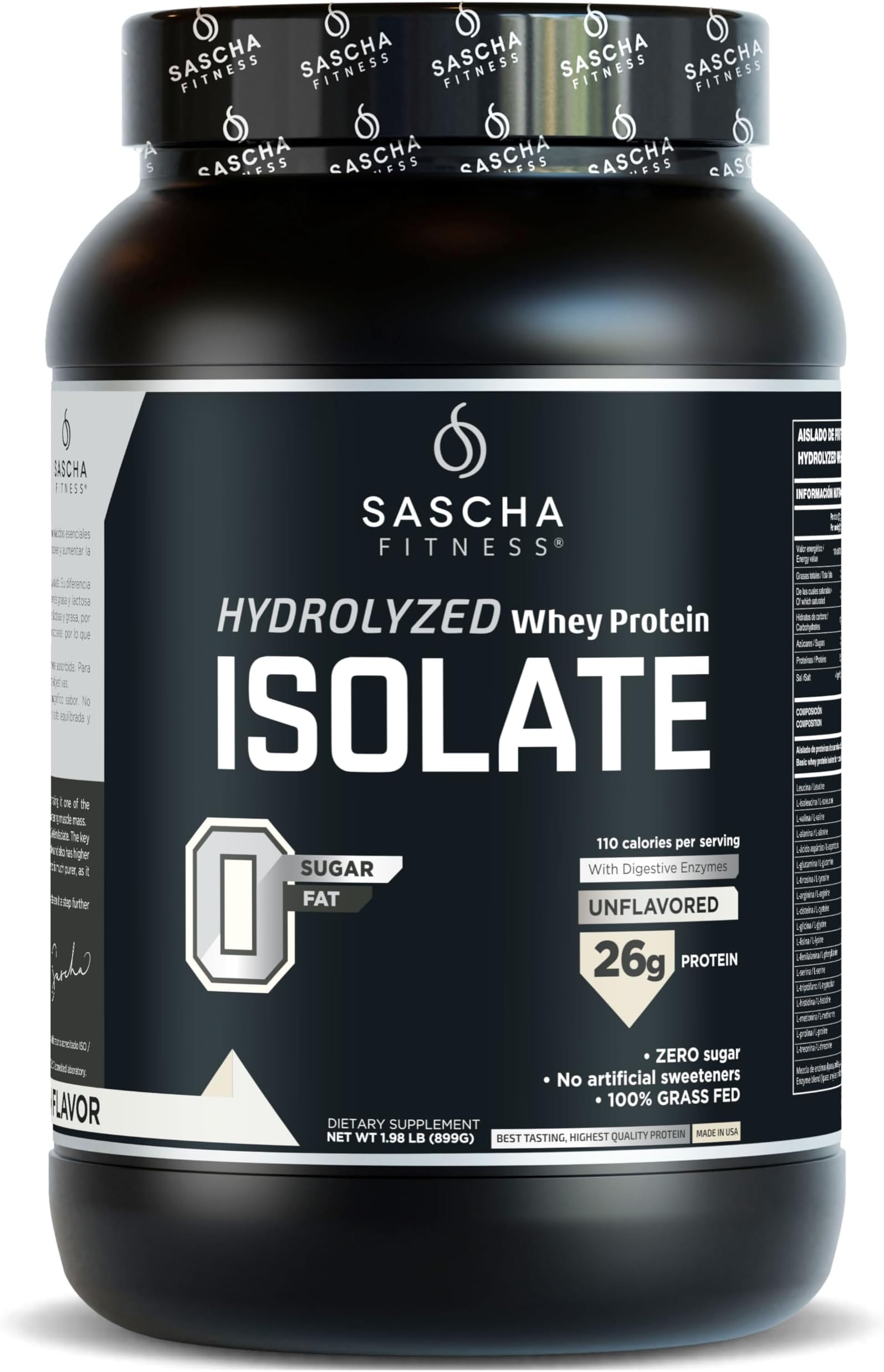 SASCHA FITNESS Hydrolyzed Whey Protein Isolate,100% Grass-Fed (2 Pounds, All) (Unflavored)
