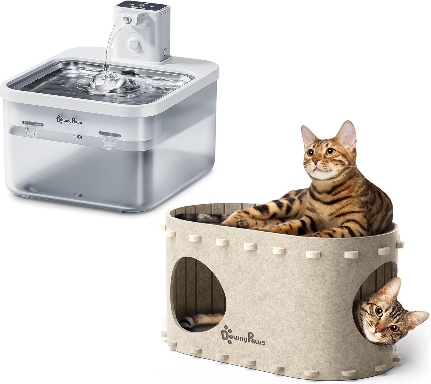 DownyPaws Wireless Cat Water Fountian White and Cat House for Indoor Cats Cream