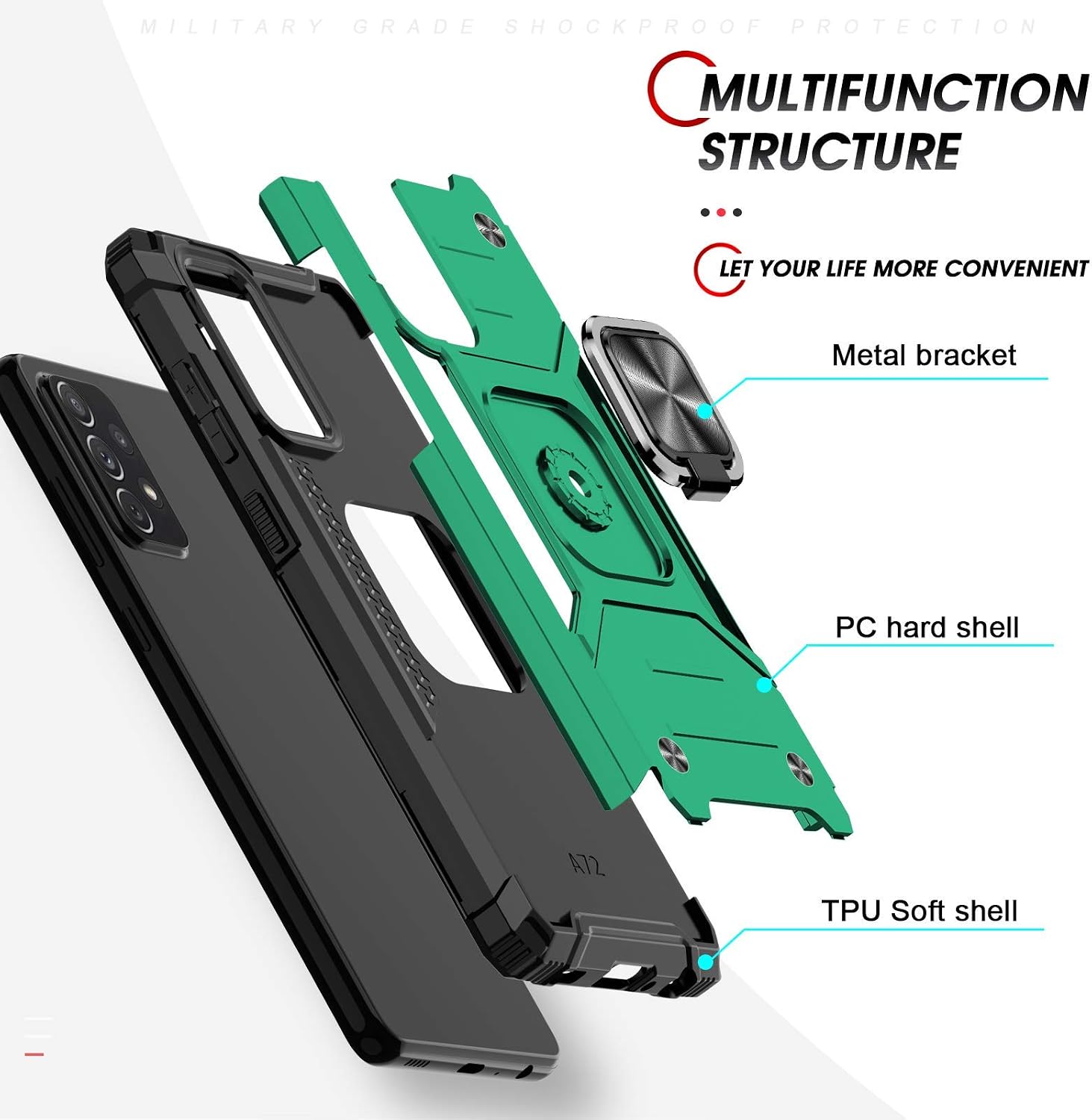 LeYi Compatible with Samsung A52 Case, Galaxy A52 5G Case with 2 Tempered Glass Screen Protector, [Military-Grade] Defender Phone Case with Ring Holder Kickstand for Samsung Galaxy A52 5G, Green