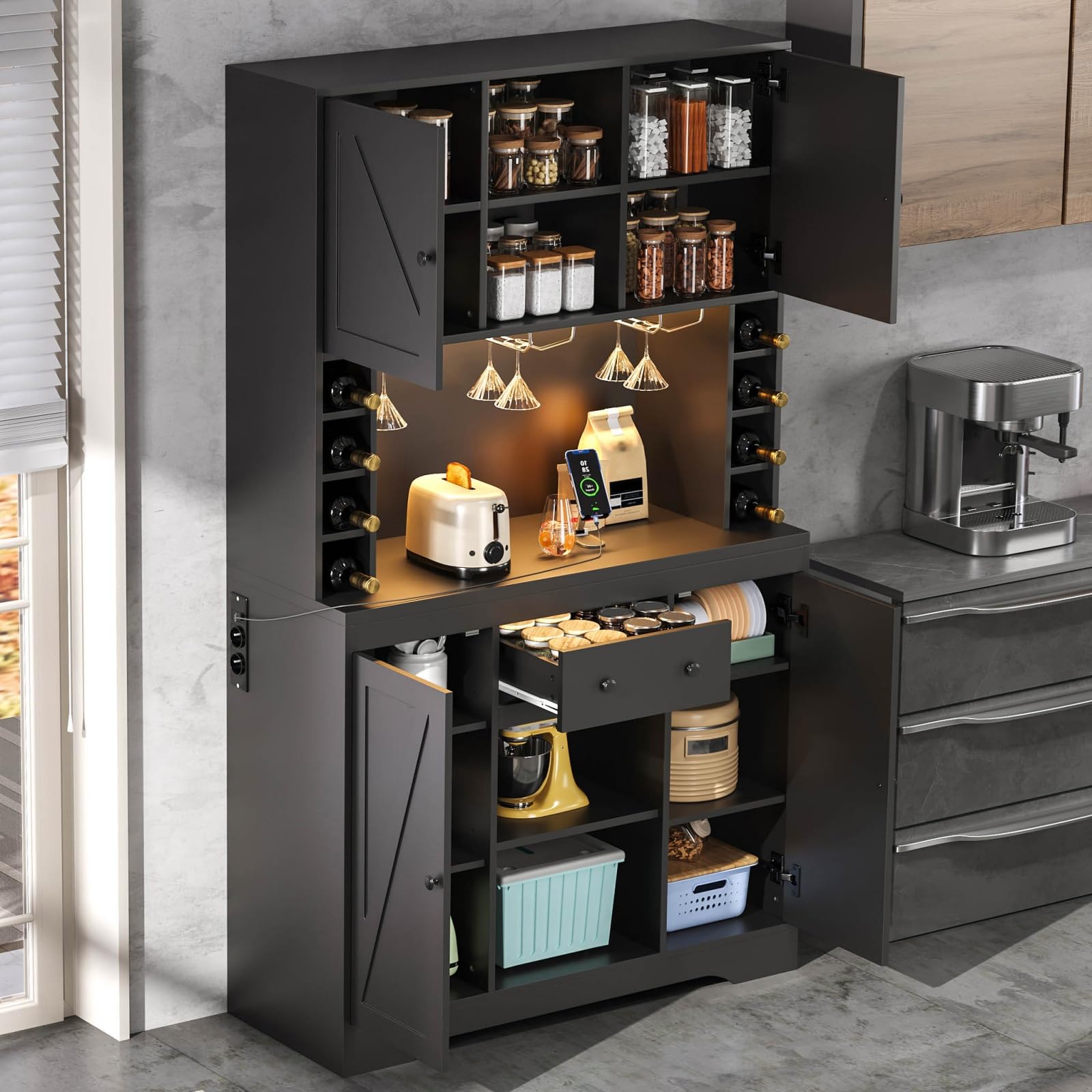 Sweiko Kitchen furniture are equipped with drawers, wine cabinet with adjustable shelves, stainless steel glass racks, bottle racks, LED lighting