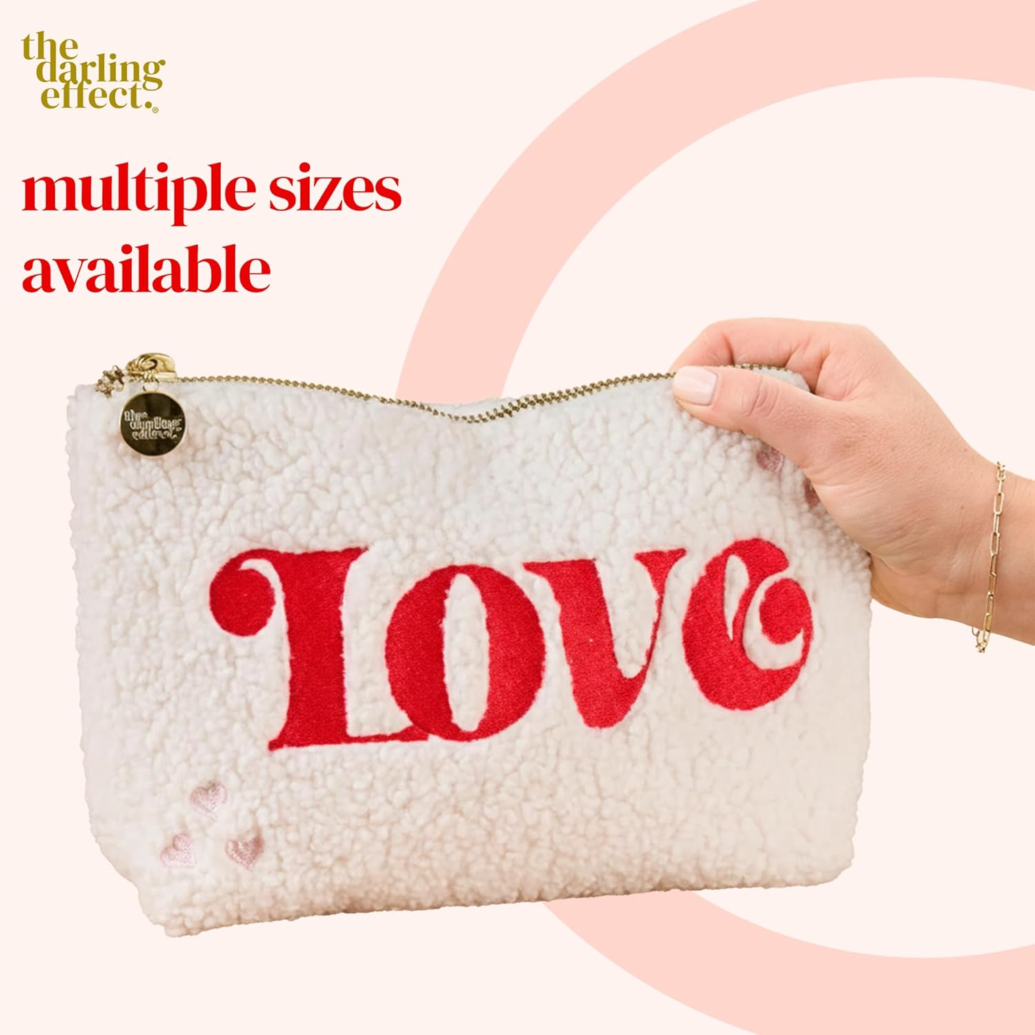 The Darling Effect Teddy Pouch – Festive Plush Zipper Cosmetic & Travel Bag – Cozy Teddy Pouch for Makeup, Purse Organization & Seasonal Gifting, Love