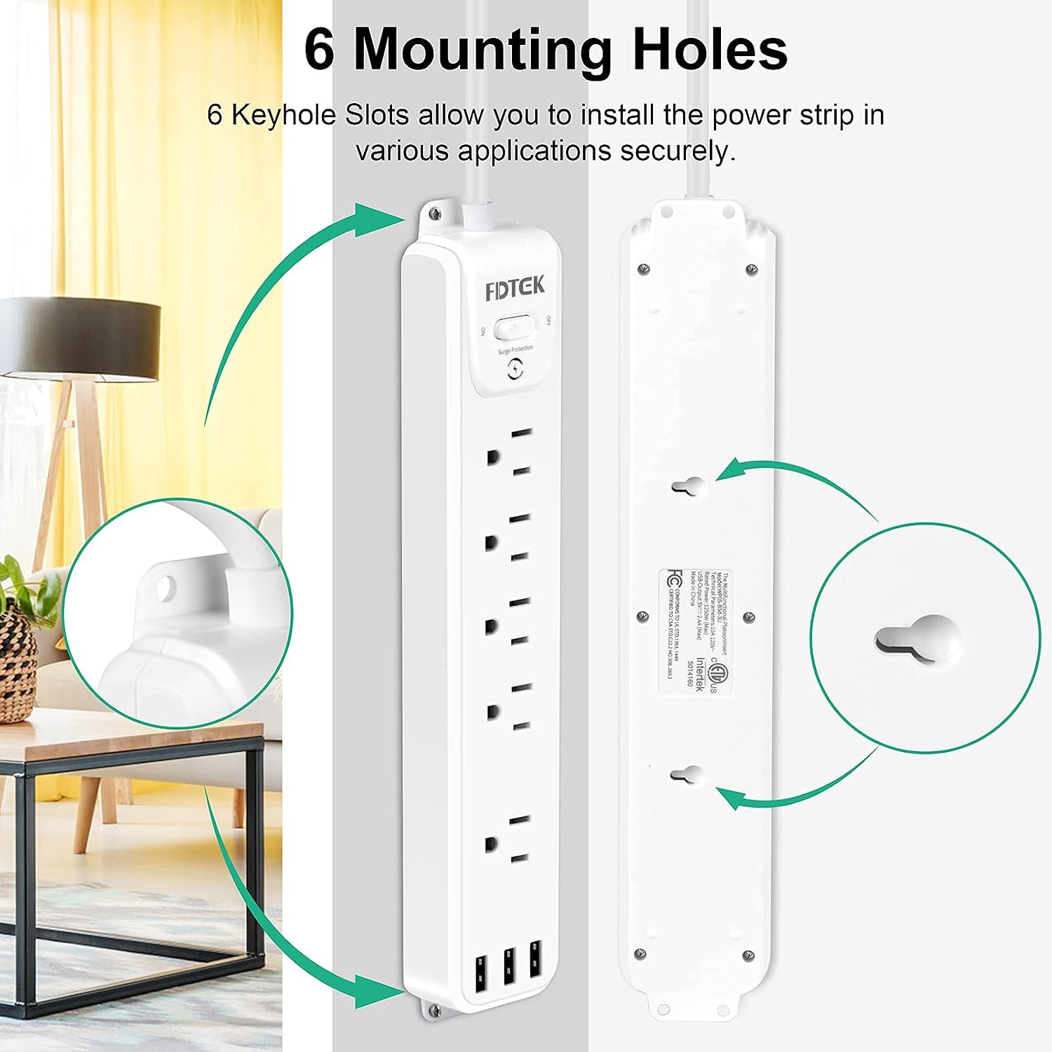 Surge Protector Power Strip with USB Ports, 5 Outlets and 3 USB Ports, 5 ft Flat Plug Extension Cord, Mountable Power Strip with Multiple Protection for Home Office Hotel, ETL Listed