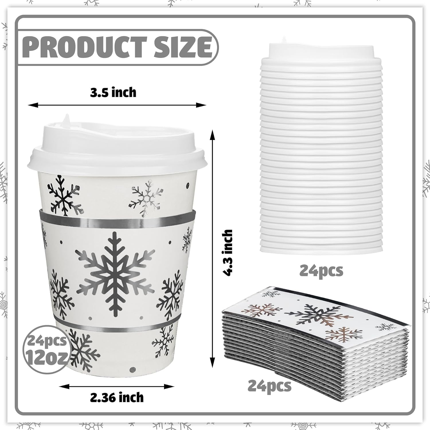 24 Pcs Snowflake Disposable Coffee Cups 12oz Winter Snowflake To Go Paper Cups with Lids and Sleeves Silver Hot Coffee Cups Beverage Drinking Cups for Christmas Birthday Party Business Supplies