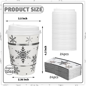 24 Pcs Snowflake Disposable Coffee Cups 12oz Winter Snowflake To Go Paper Cups with Lids and Sleeves Silver Hot Coffee Cups Beverage Drinking Cups for Christmas Birthday Party Business Supplies