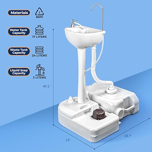Miniatura 15 de SereneLife Fregadero portátil para acampar con tanque de agua integrado de 30 L (7 galones), ruedas grandes, bomba de pie manos libres, lavabo
