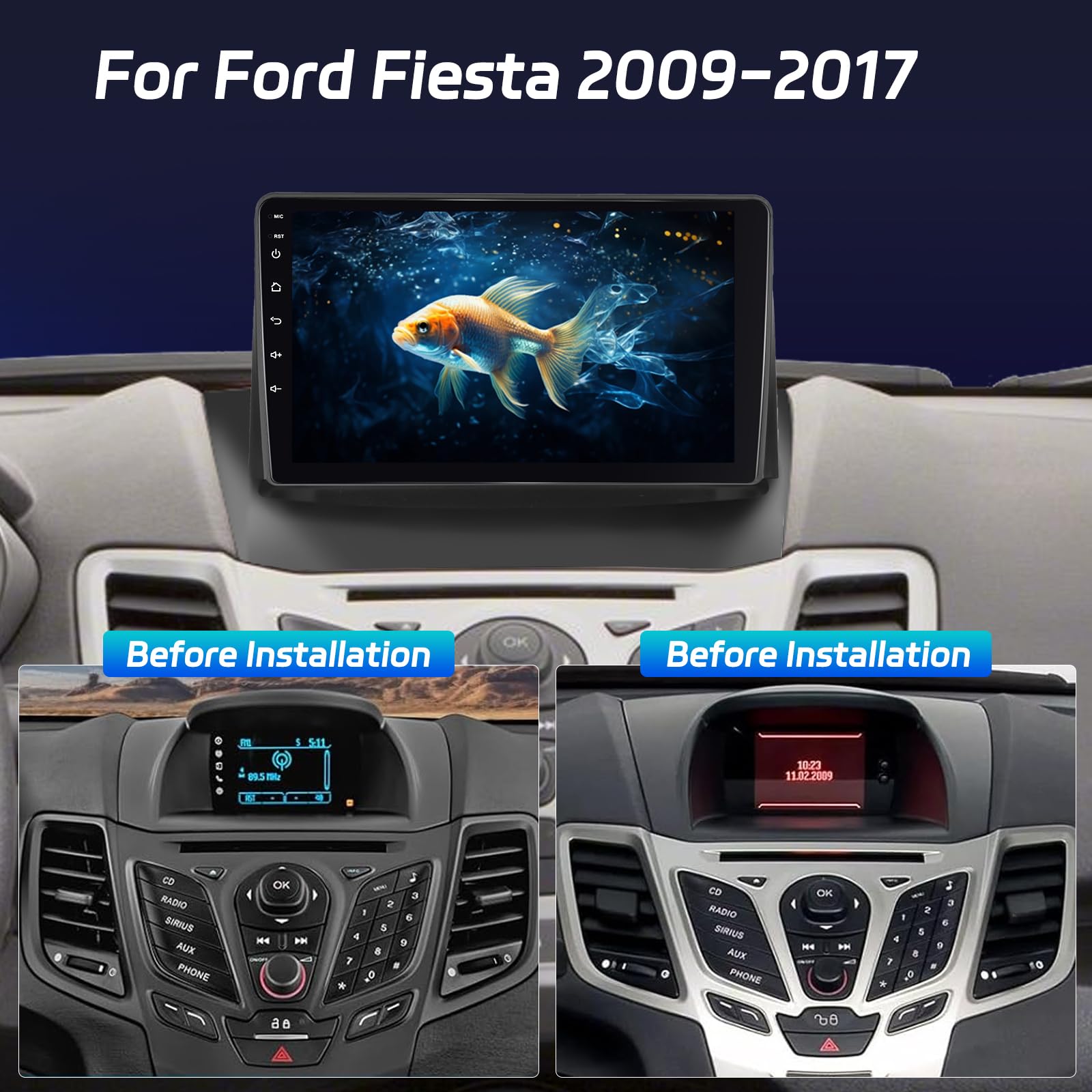 NHOPEEW 8 Core 4+64G 9 pollici Android Radio per Ford Fiesta 2009-2017 - Wireless CarPlay & Android Auto GPS 3D Modello Auto Presentazione SWC FM RDS DSP Schermo Diviso + Telecamera Posteriore
