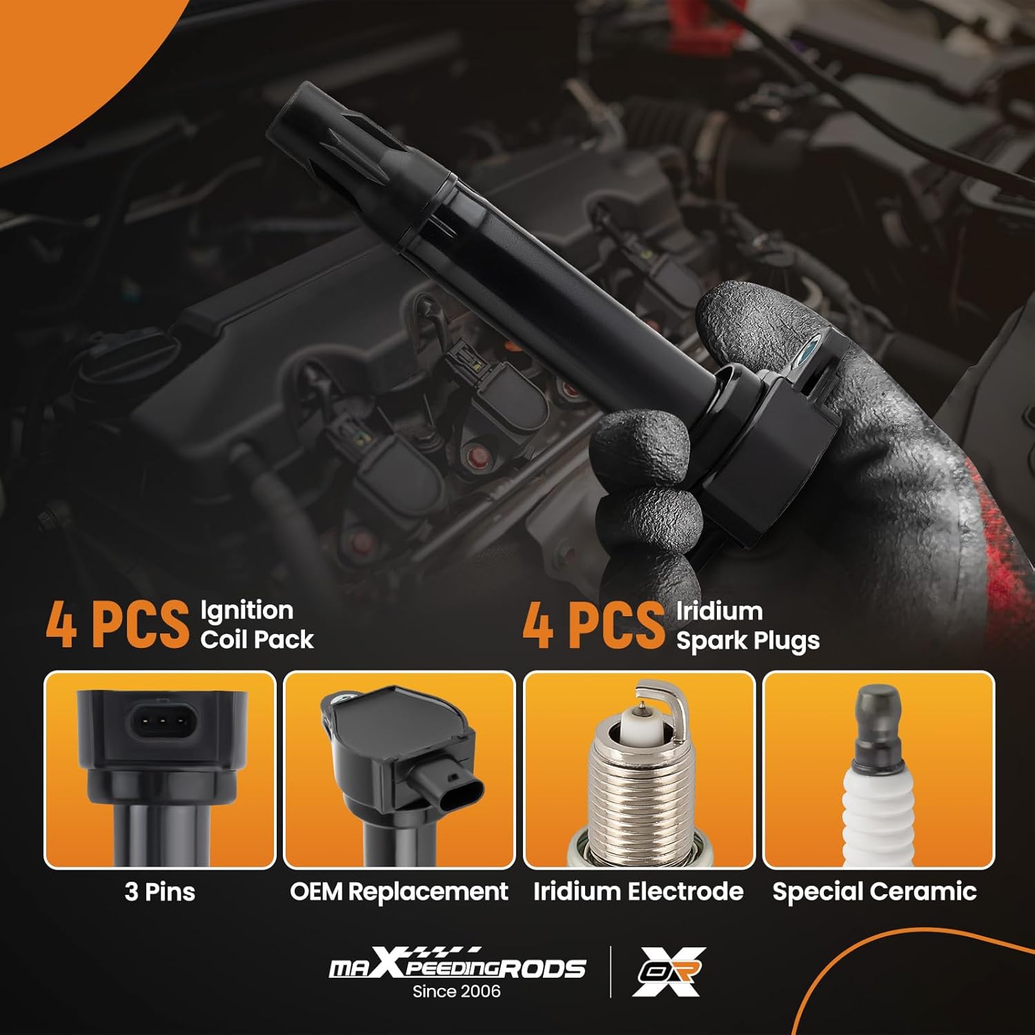 maXpeedingrods UF557 Ignition Coil Pack and 2262 Spark Plugs for Dodge Journey 2.4 2009–2019, Avenger 2.4L 2008–2014, for Chrysler 200 2.4 2007–2017, for Jeep Compass 2007–2017 L4 Coils 4pcs