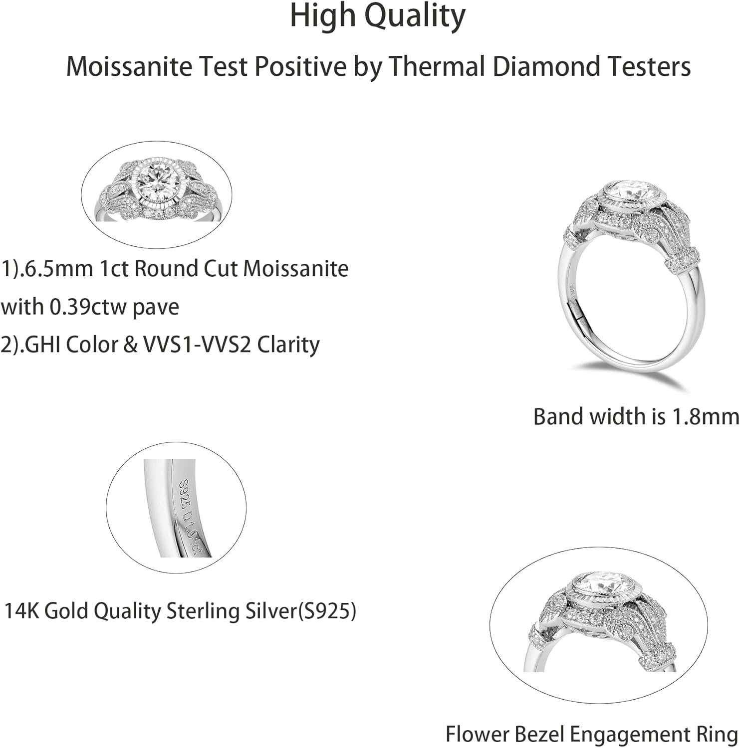 DovEggs Moissanite Engagement Rings for Women,Moissanite Ring, Center 1ct 6.5mm Round Cut G-H-I Color Moissanite Vintage Art Deco Flower Bezel Weeding Ring Accents 14K Gold QUALITY Silver